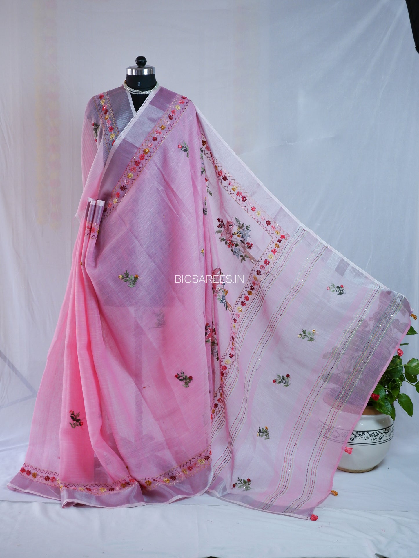 Bullion Knot Hand-Embroidered Saree | Cotton Linen | Pink