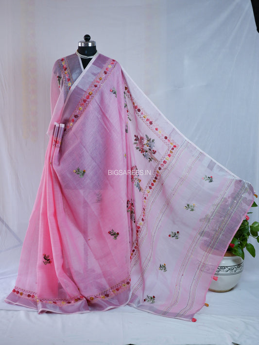 Bullion Knot Hand-Embroidered Saree | Cotton Linen | Pink