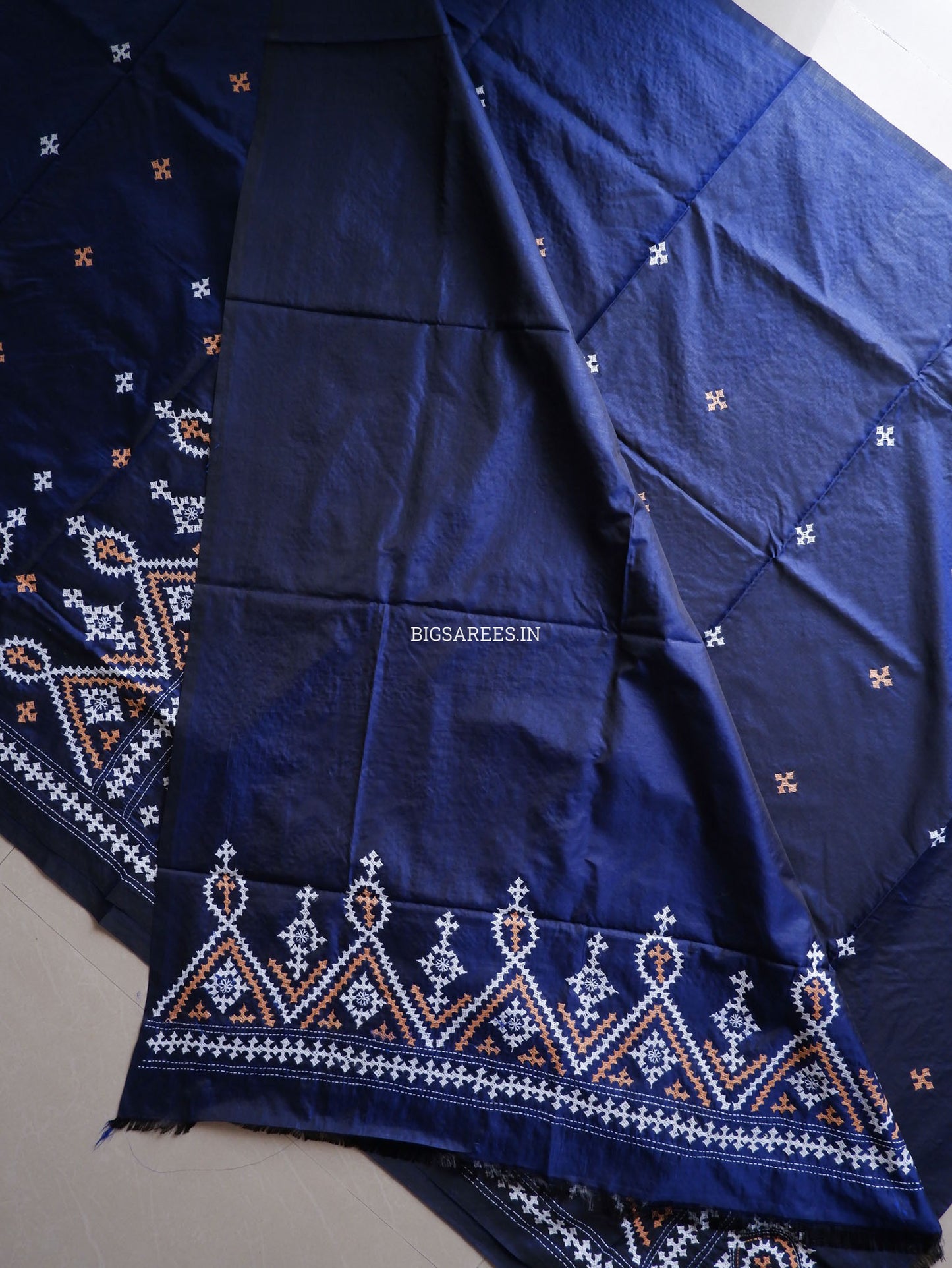 Kutchi/Gujarati Hand Embroidered Saree  | Blended Bangalore Silk / Art Silk | Dark Navy Blue