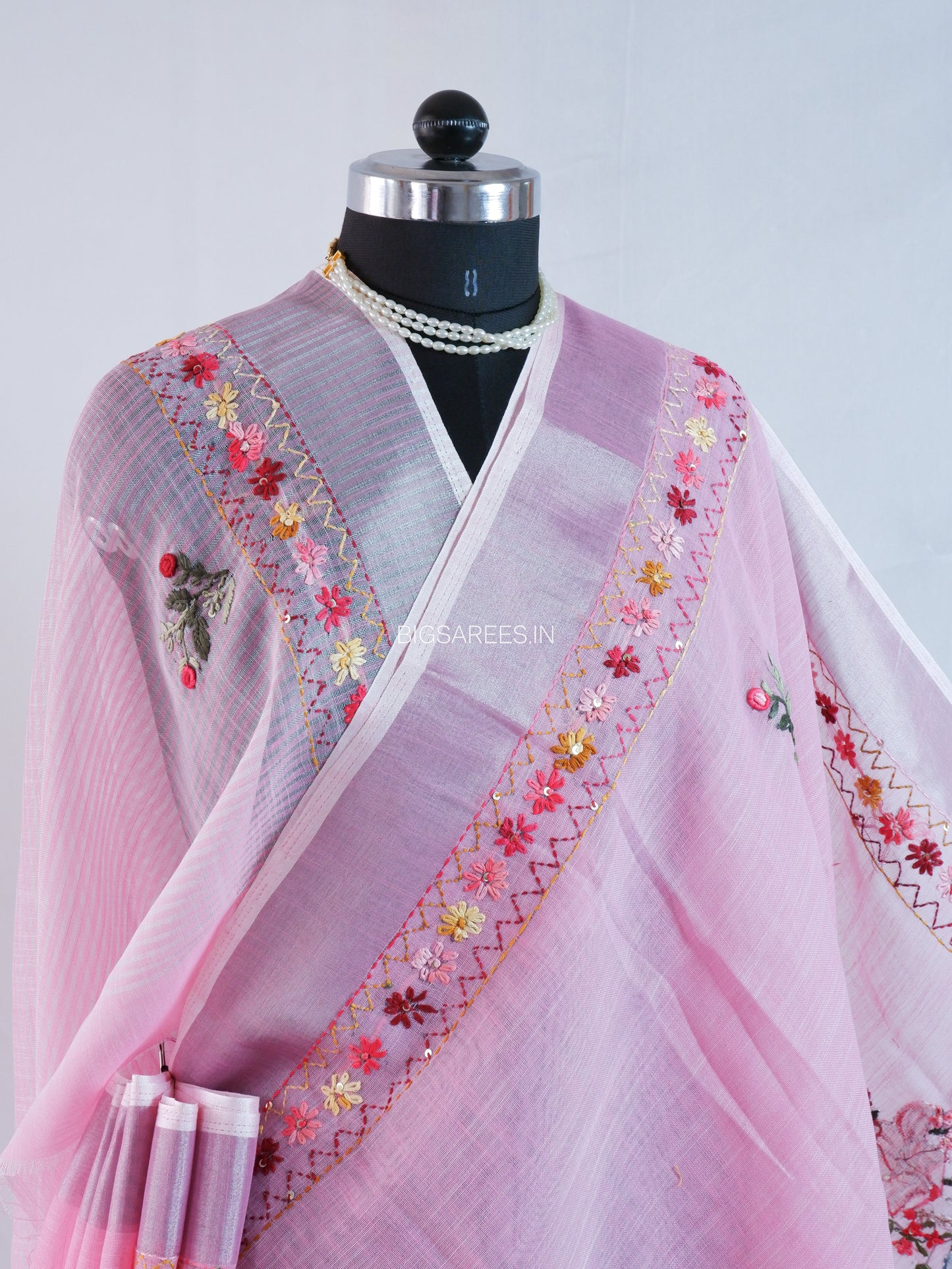 Bullion Knot Hand-Embroidered Saree | Cotton Linen | Pink