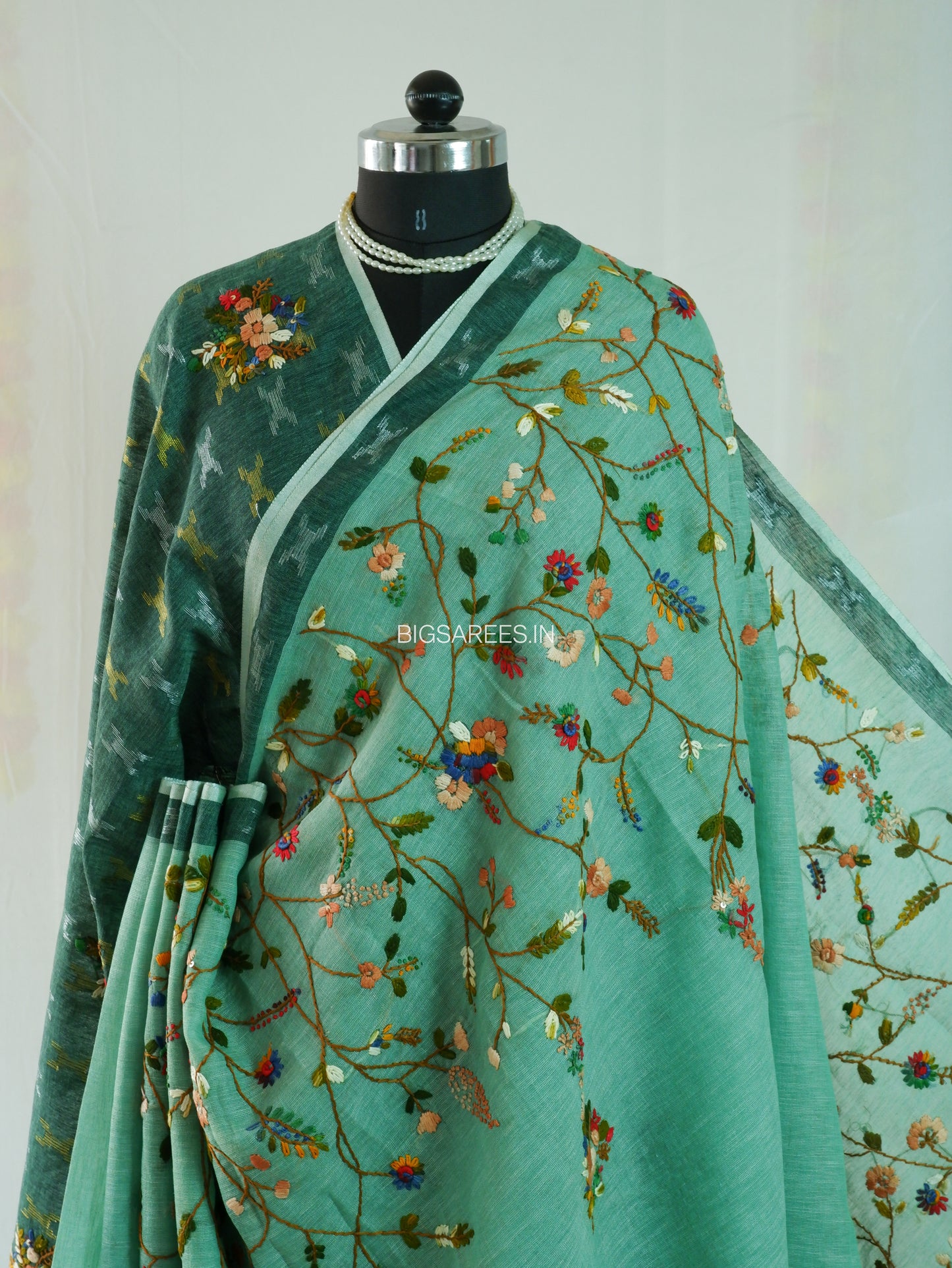 Bullion Knot Hand-Embroidered Saree | Khadi Linen | Parsi Needlework | Green