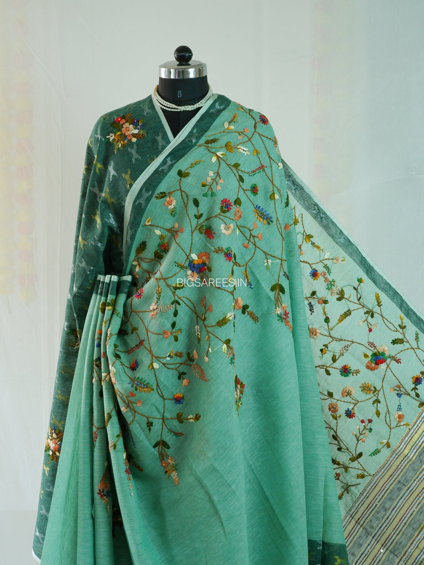 Bullion Knot Hand-Embroidered Saree | Khadi Linen | Parsi Needlework | Green