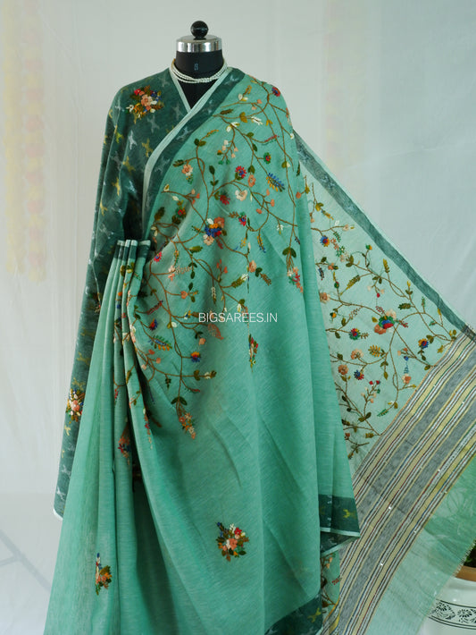 Bullion Knot Hand-Embroidered Saree | Khadi Linen | Parsi Needlework | Green