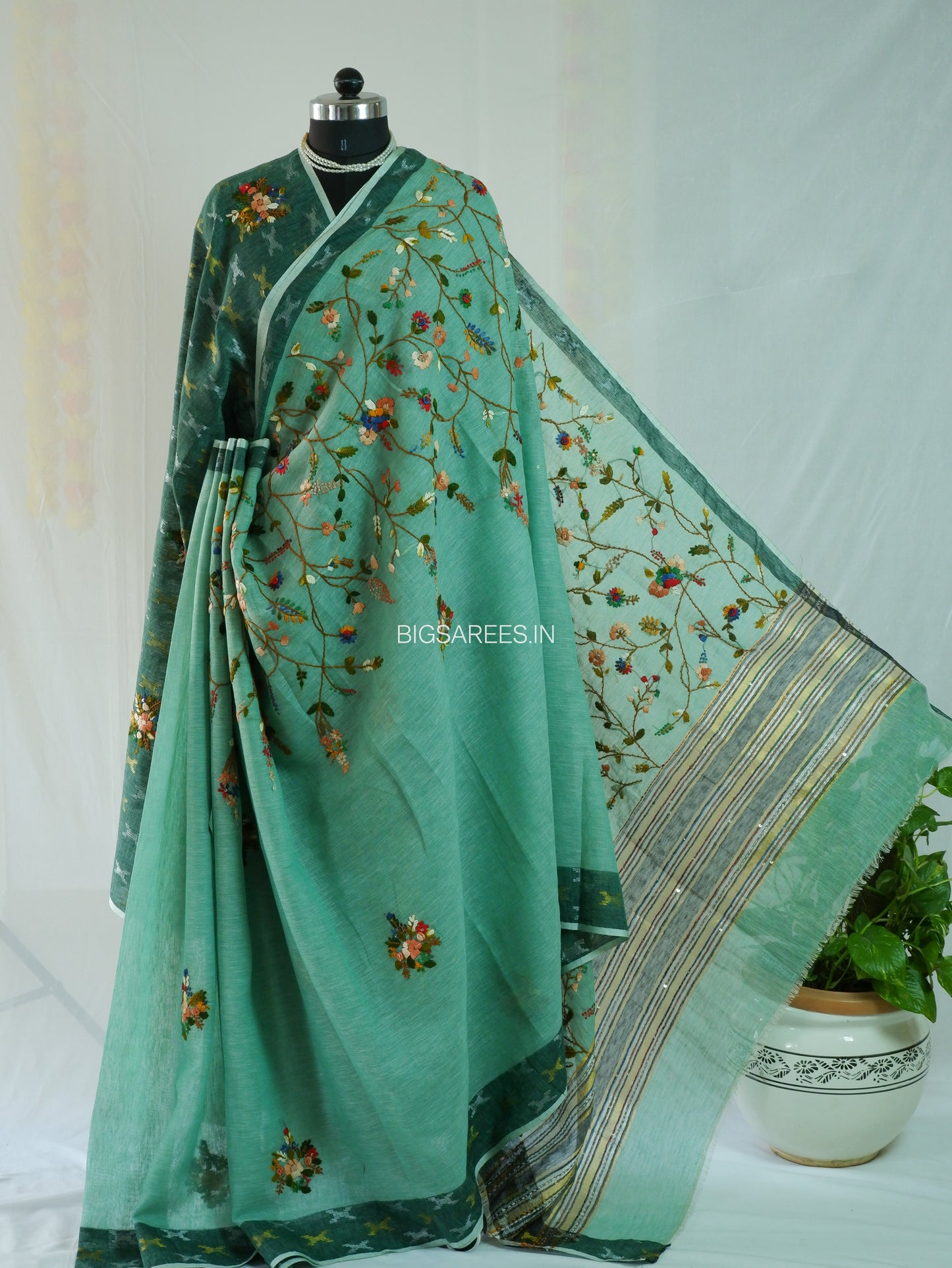 Bullion Knot Hand-Embroidered Saree | Khadi Linen | Parsi Needlework | Green