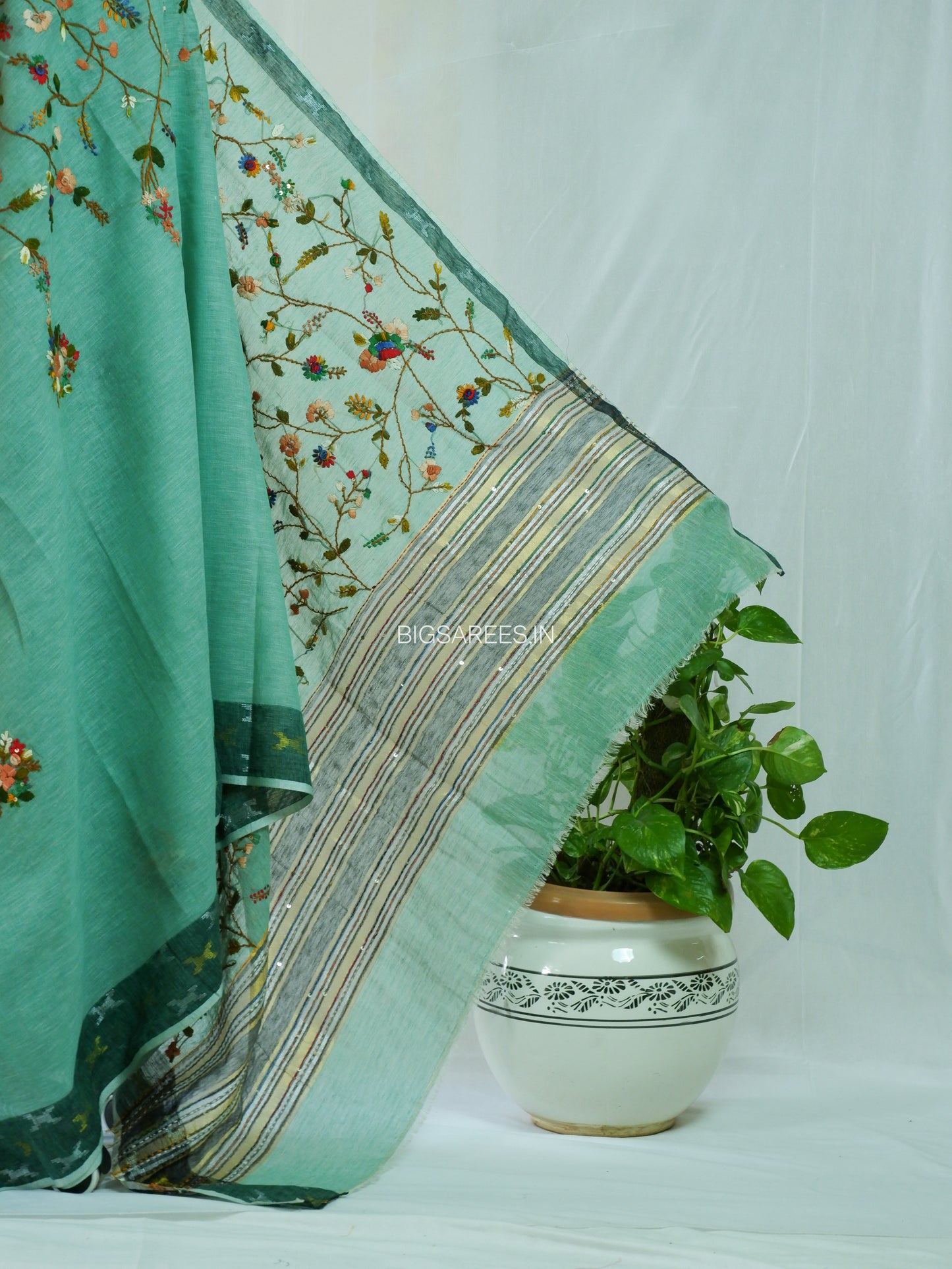 Bullion Knot Hand-Embroidered Saree | Khadi Linen | Parsi Needlework | Green