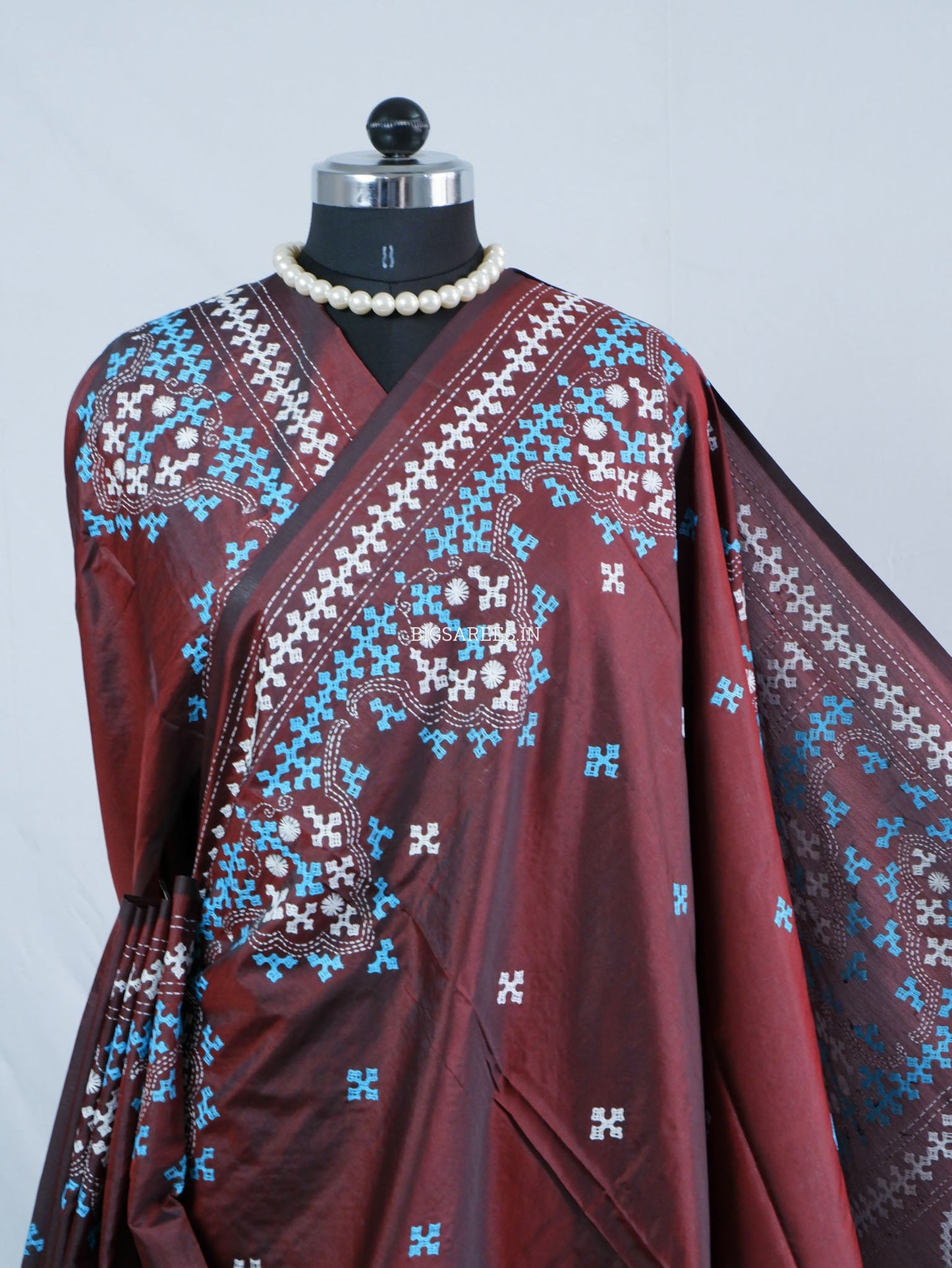 Kutchi/Gujarati Hand Embroidered Saree  | Blended Bangalore Silk / Art Silk | Maroon