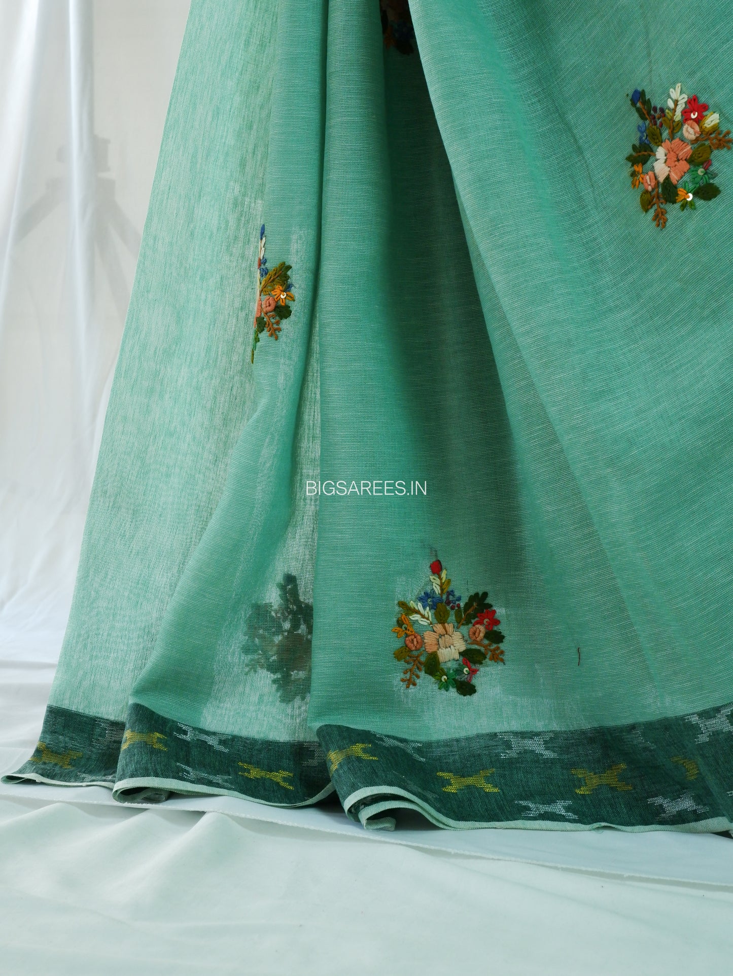 Bullion Knot Hand-Embroidered Saree | Khadi Linen | Parsi Needlework | Green