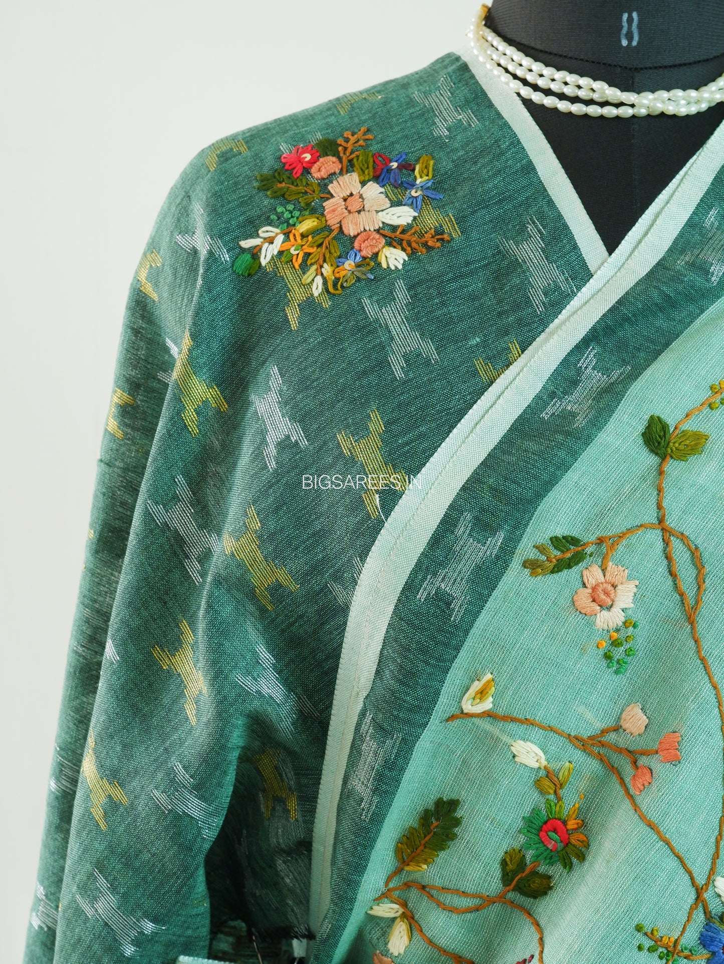 Bullion Knot Hand-Embroidered Saree | Khadi Linen | Parsi Needlework | Green