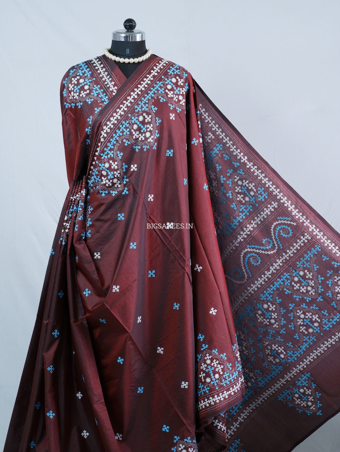 Kutchi/Gujarati Hand Embroidered Saree  | Blended Bangalore Silk / Art Silk | Maroon