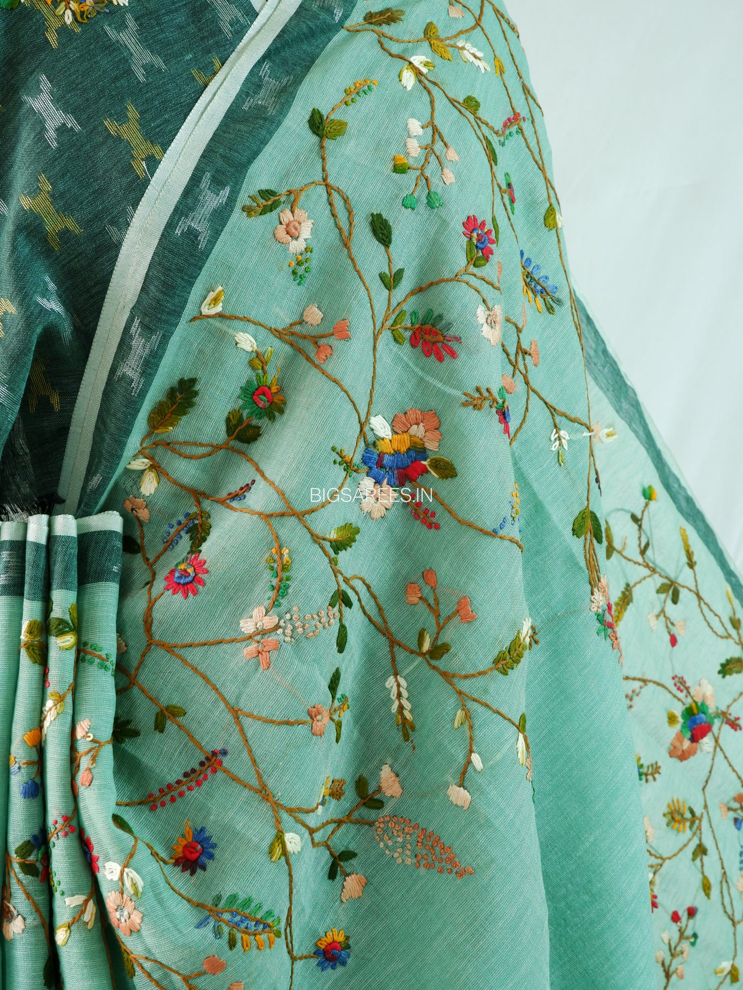 Bullion Knot Hand-Embroidered Saree | Khadi Linen | Parsi Needlework | Green