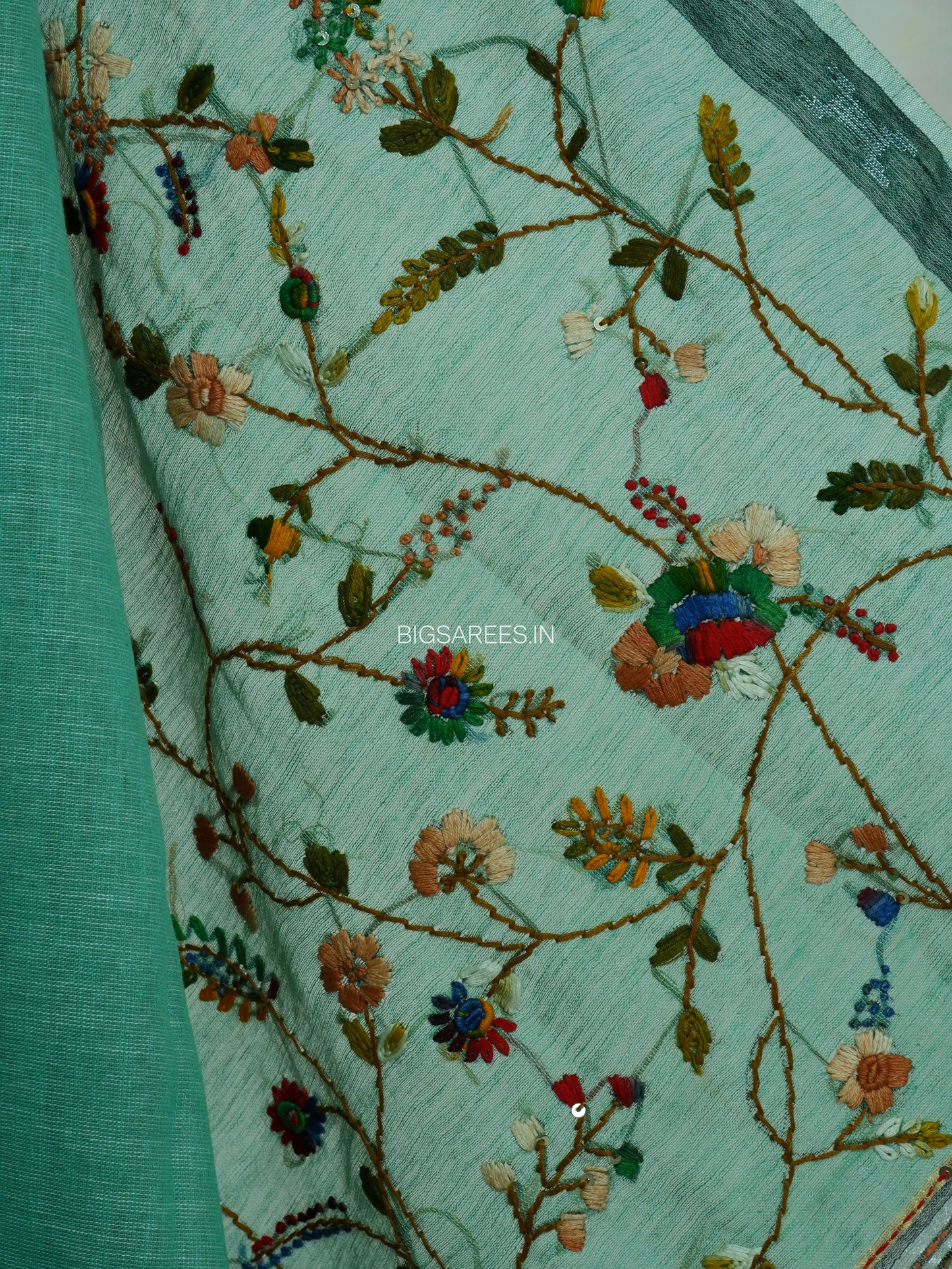 Bullion Knot Hand-Embroidered Saree | Khadi Linen | Parsi Needlework | Green