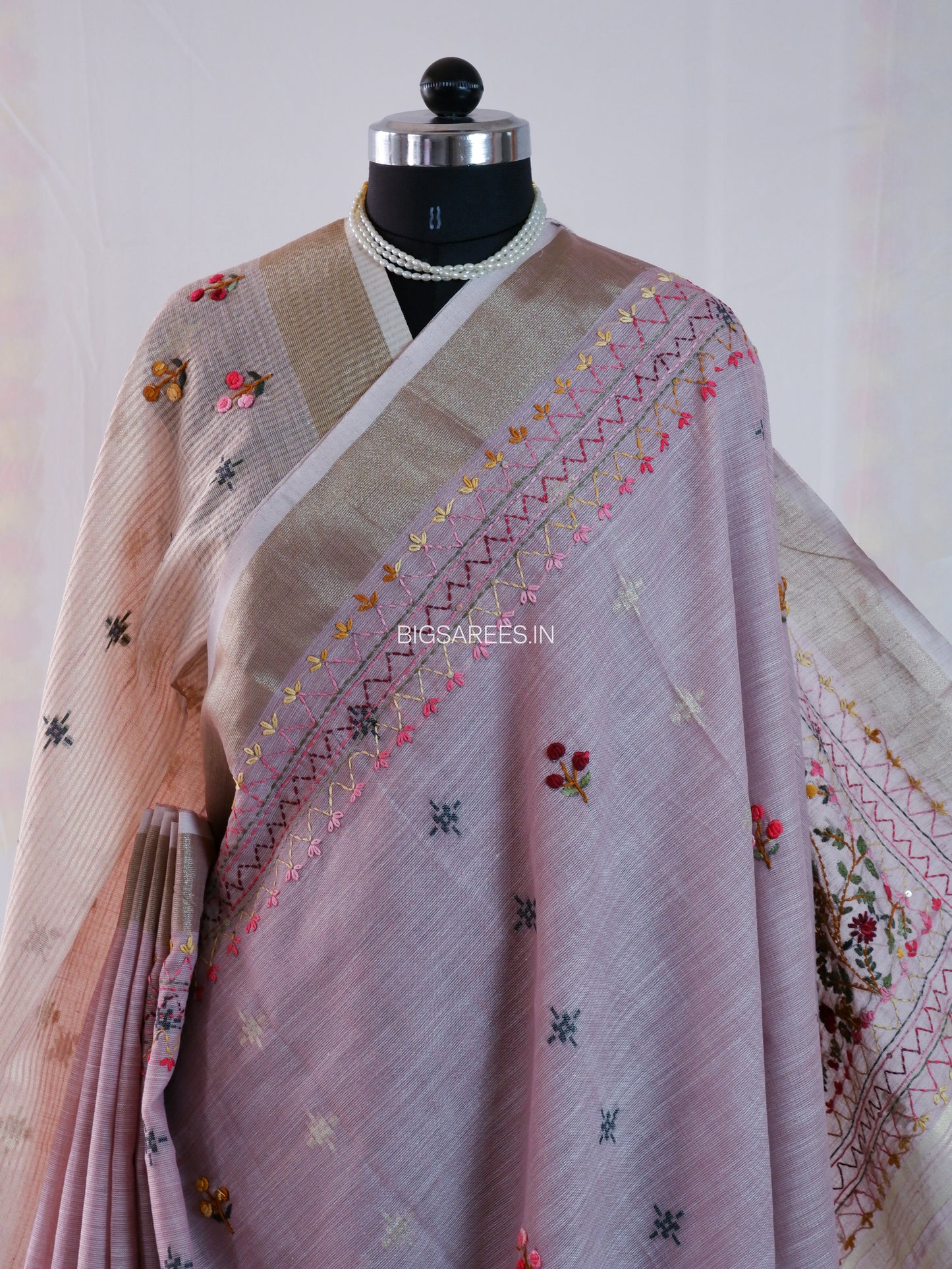 Bullion Knot Hand-Embroidered Saree | Khadi Linen | Parsi Needlework | Lavender