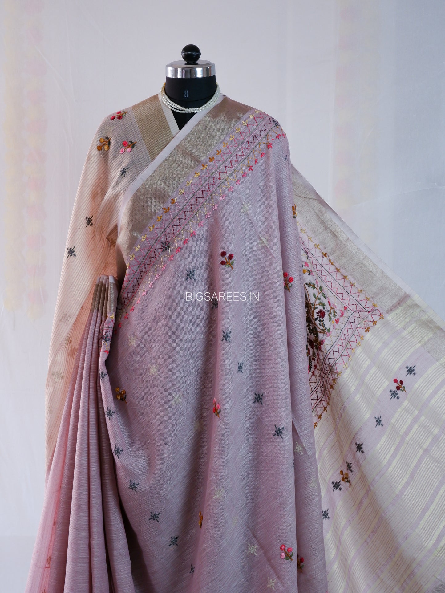Bullion Knot Hand-Embroidered Saree | Khadi Linen | Parsi Needlework | Lavender