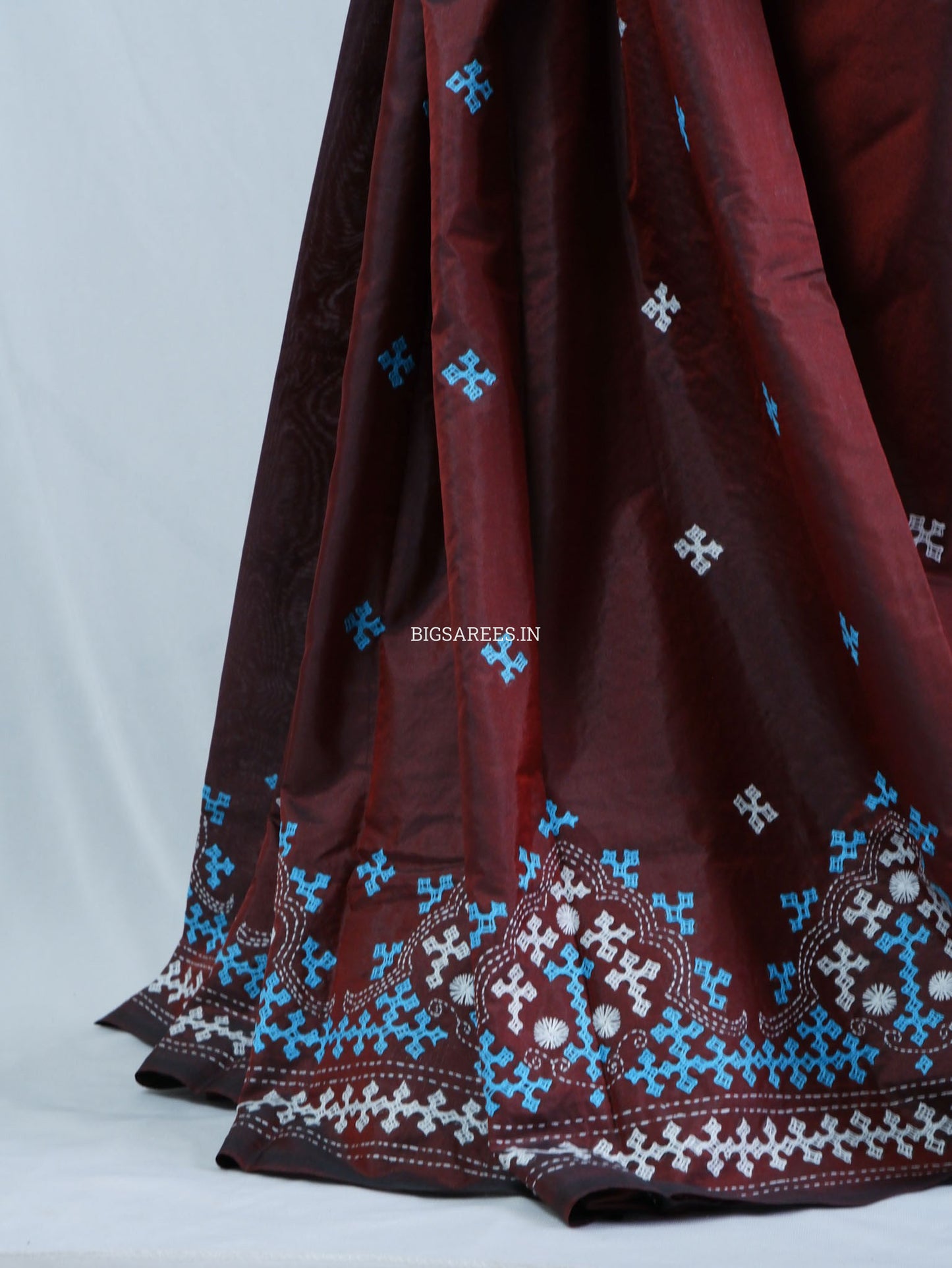Kutchi/Gujarati Hand Embroidered Saree  | Blended Bangalore Silk / Art Silk | Maroon
