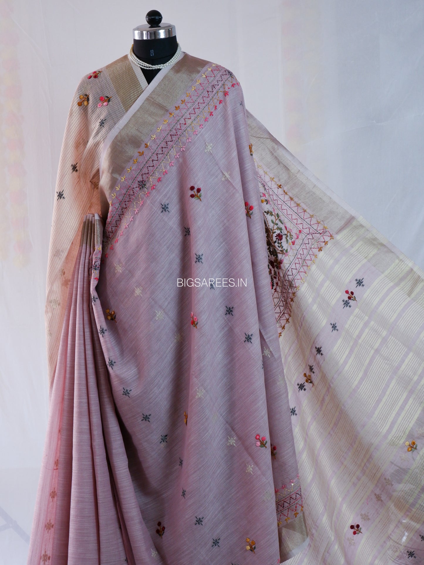 Bullion Knot Hand-Embroidered Saree | Khadi Linen | Parsi Needlework | Lavender
