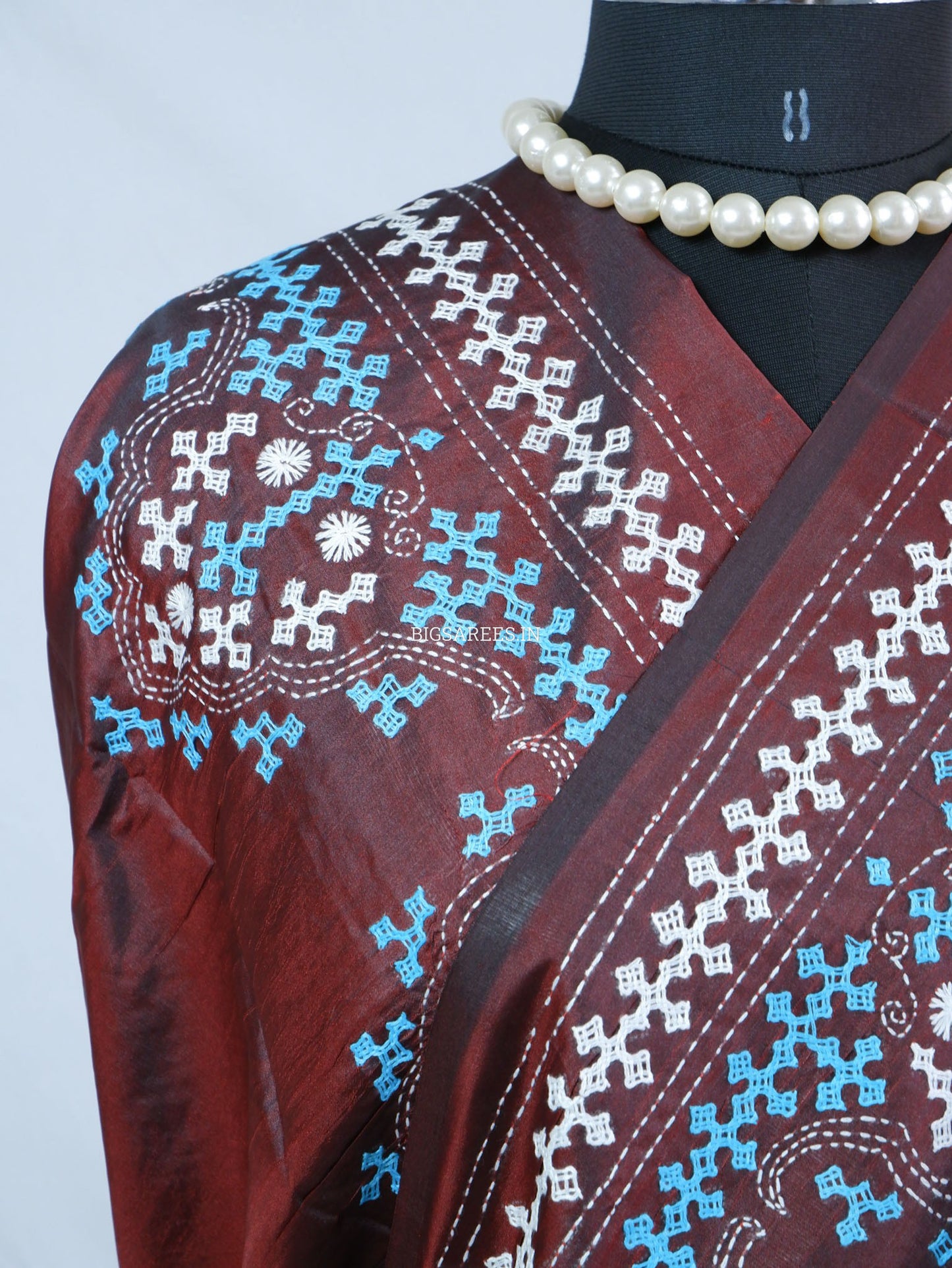 Kutchi/Gujarati Hand Embroidered Saree  | Blended Bangalore Silk / Art Silk | Maroon