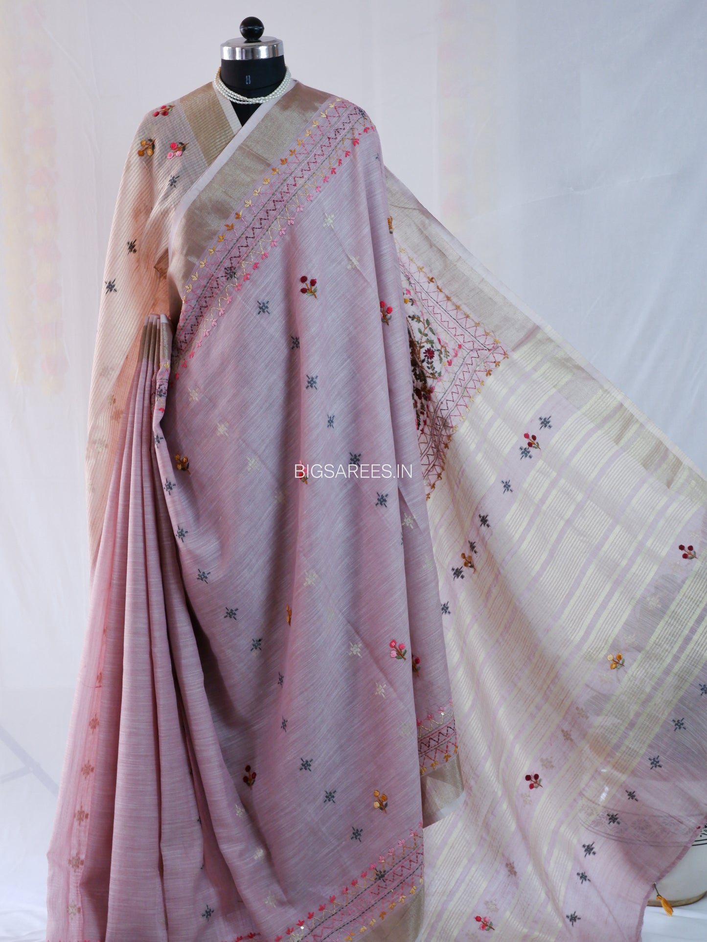 Bullion Knot Hand-Embroidered Saree | Khadi Linen | Parsi Needlework | Lavender