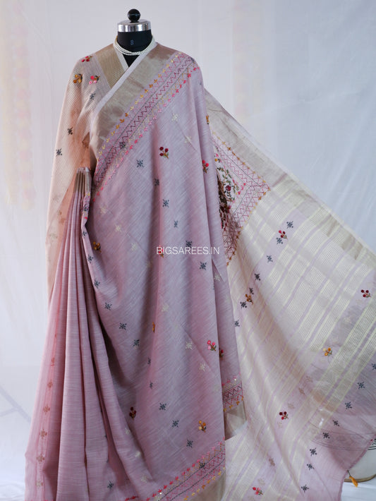 Bullion Knot Hand-Embroidered Saree | Khadi Linen | Parsi Needlework | Lavender