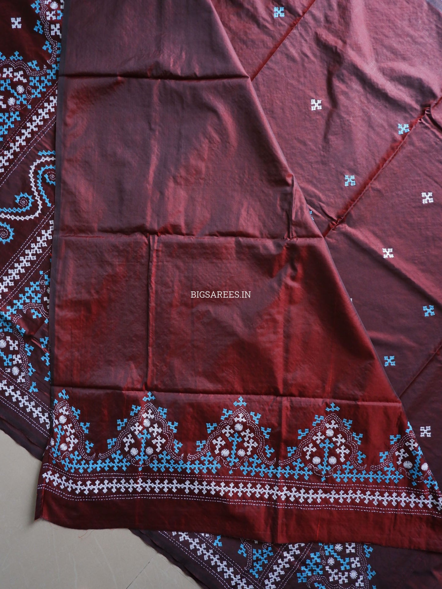 Kutchi/Gujarati Hand Embroidered Saree  | Blended Bangalore Silk / Art Silk | Maroon