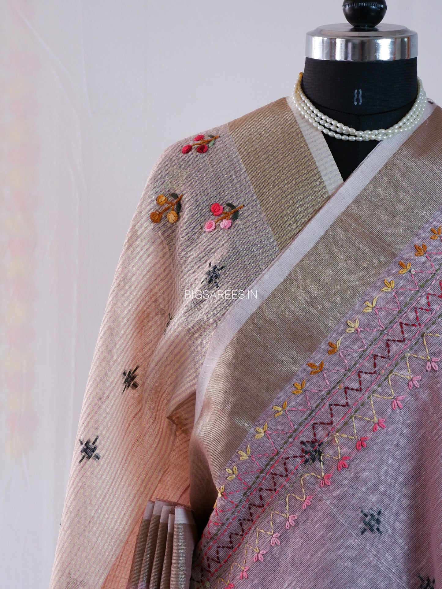 Bullion Knot Hand-Embroidered Saree | Khadi Linen | Parsi Needlework | Lavender