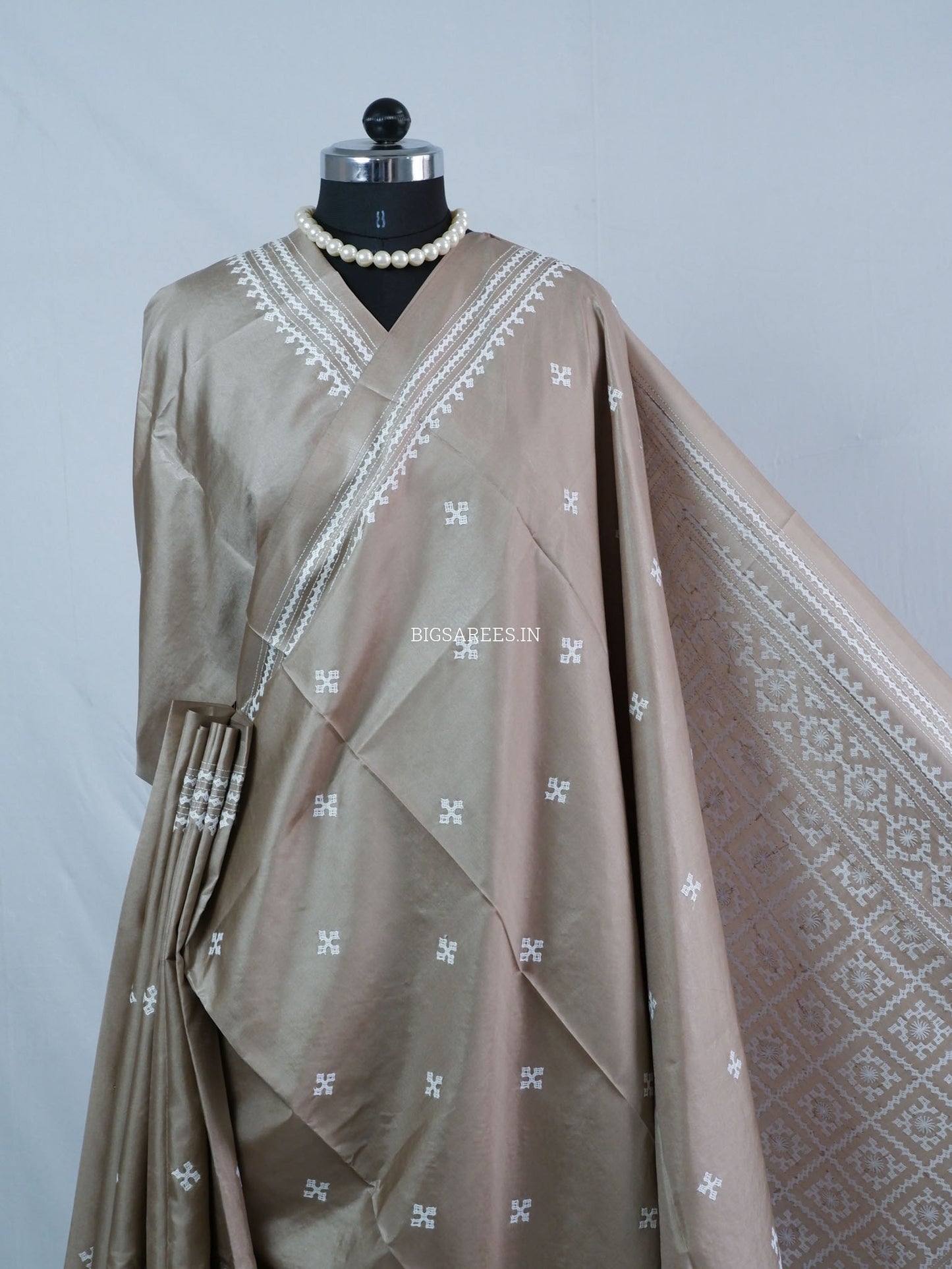 Kutchi/Gujarati Hand Embroidered Saree  | Blended Bangalore Silk / Art Silk | Khaki