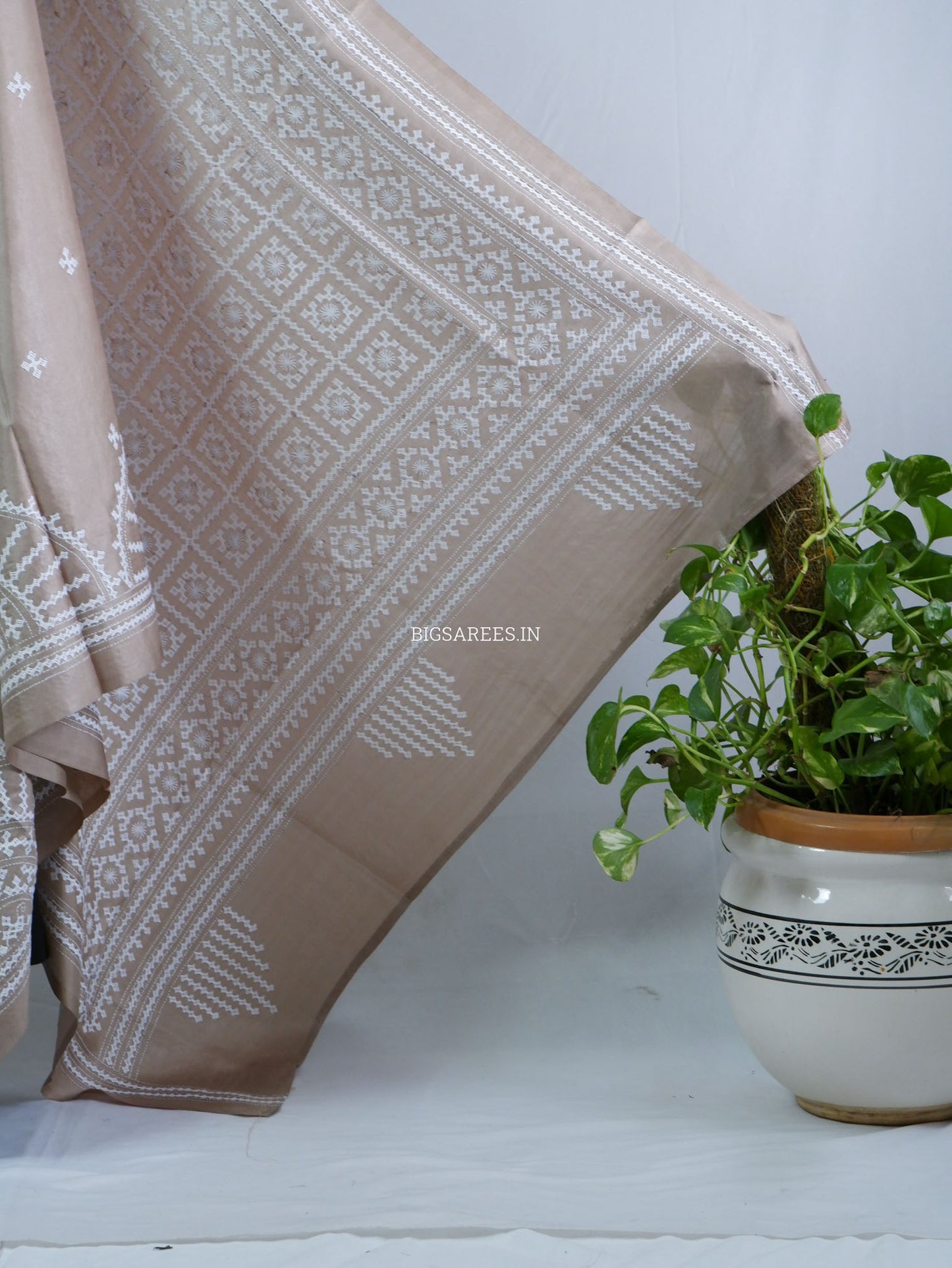 Kutchi/Gujarati Hand Embroidered Saree  | Blended Bangalore Silk / Art Silk | Khaki