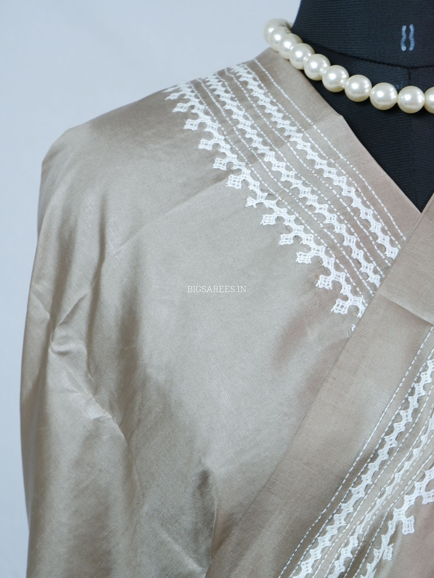 Kutchi/Gujarati Hand Embroidered Saree  | Blended Bangalore Silk / Art Silk | Khaki