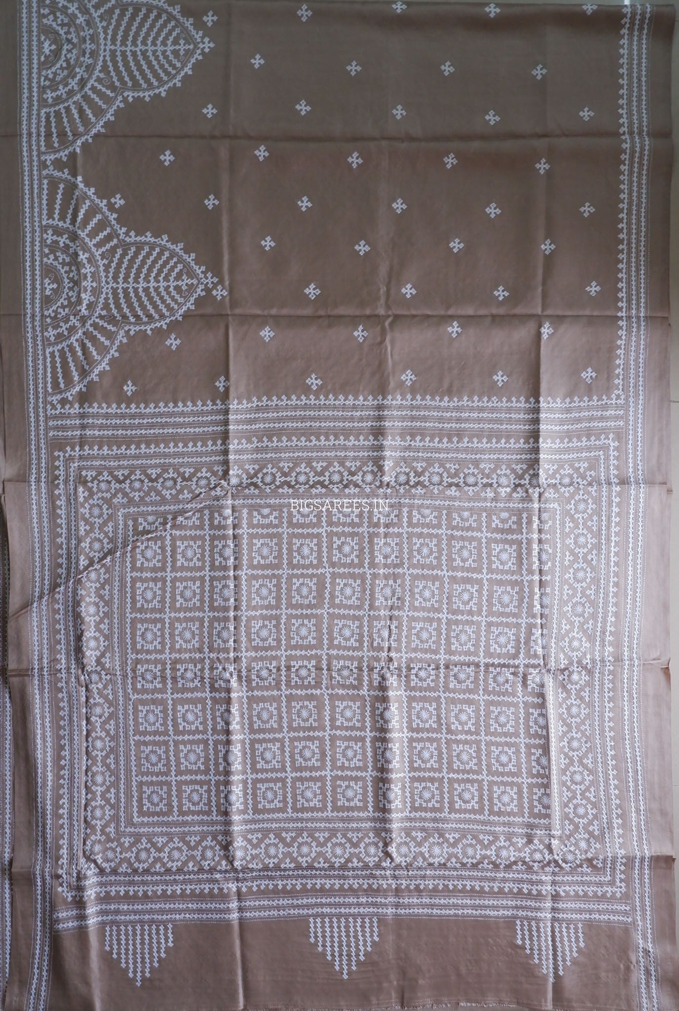 Kutchi/Gujarati Hand Embroidered Saree  | Blended Bangalore Silk / Art Silk | Khaki
