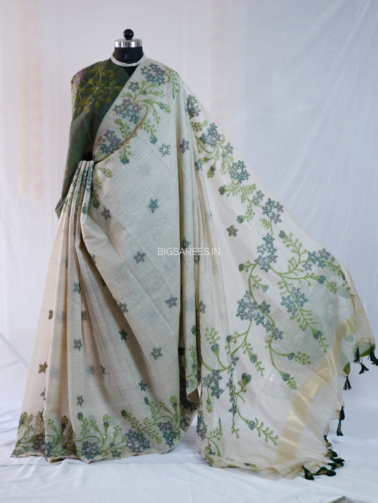Bullion Knot Hand-Embroidered Saree | Linen Chanderi | Geeth Work | Off White