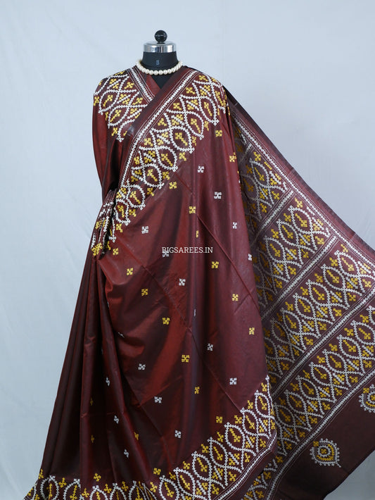 Kutchi/Gujarati Hand Embroidered Saree  | Blended Bangalore Silk / Art Silk | Dark Maroon