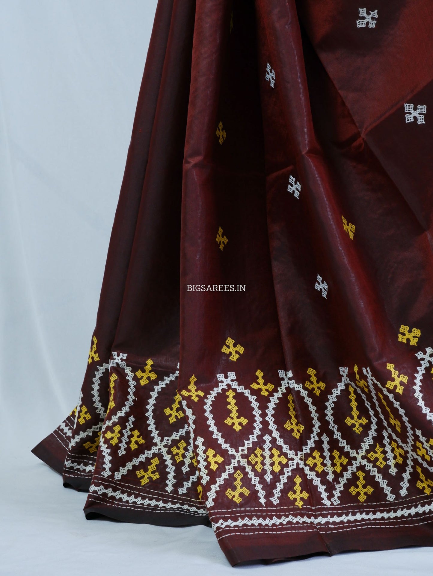 Kutchi/Gujarati Hand Embroidered Saree  | Blended Bangalore Silk / Art Silk | Dark Maroon