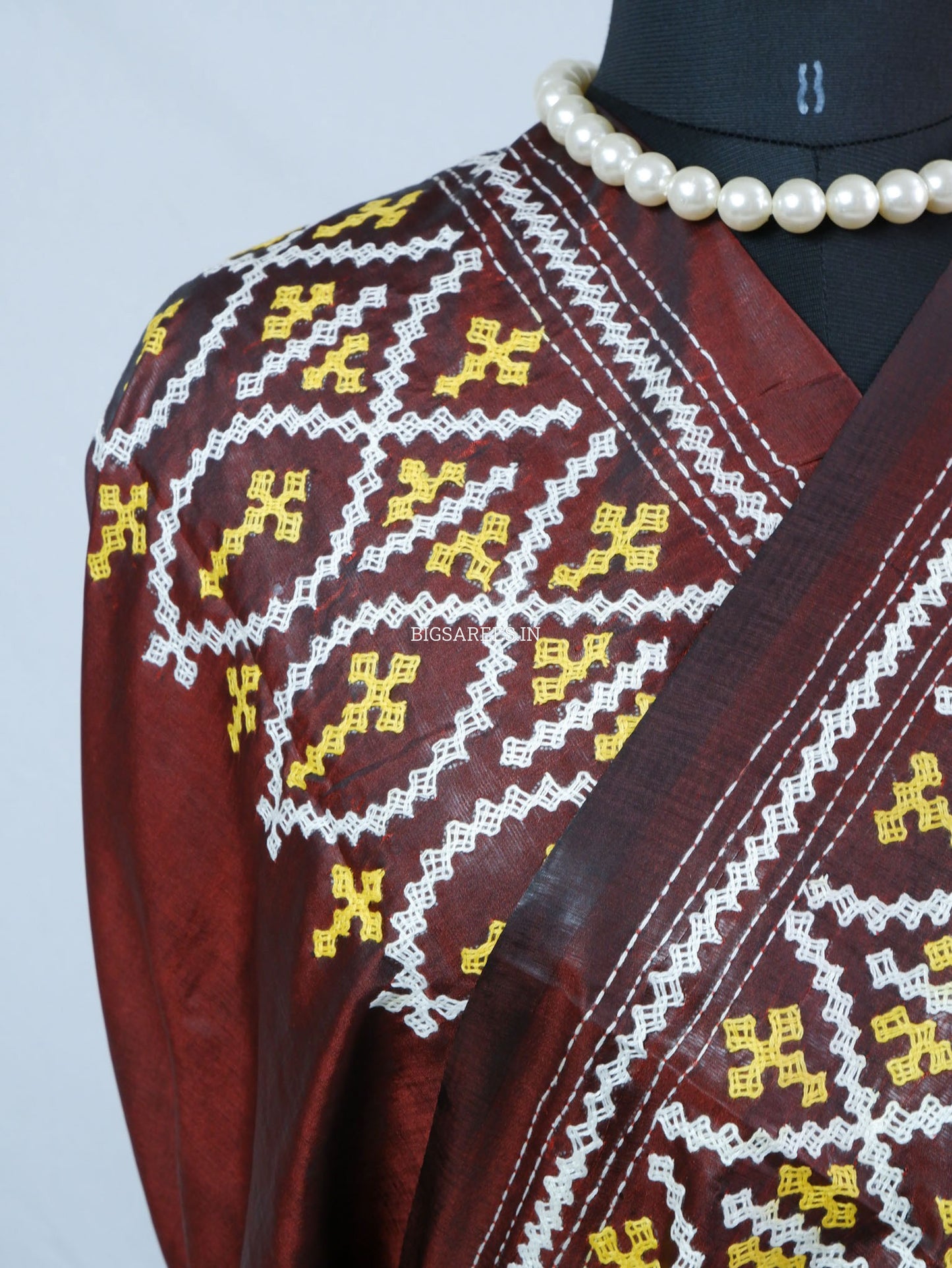 Kutchi/Gujarati Hand Embroidered Saree  | Blended Bangalore Silk / Art Silk | Dark Maroon