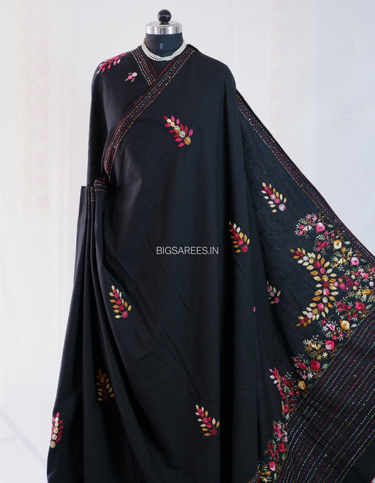 Bullion Knot Hand-Embroidered Saree | Khadi Cotton | Parsi Needlework | Black