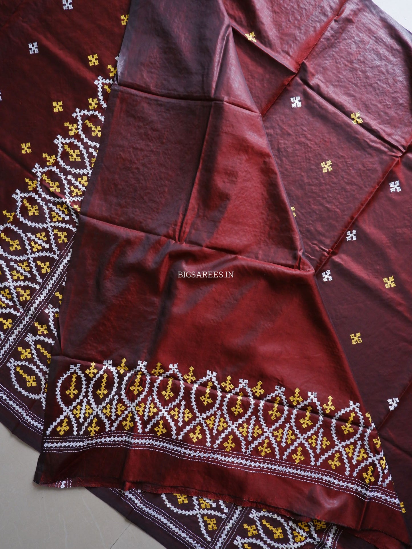 Kutchi/Gujarati Hand Embroidered Saree  | Blended Bangalore Silk / Art Silk | Dark Maroon