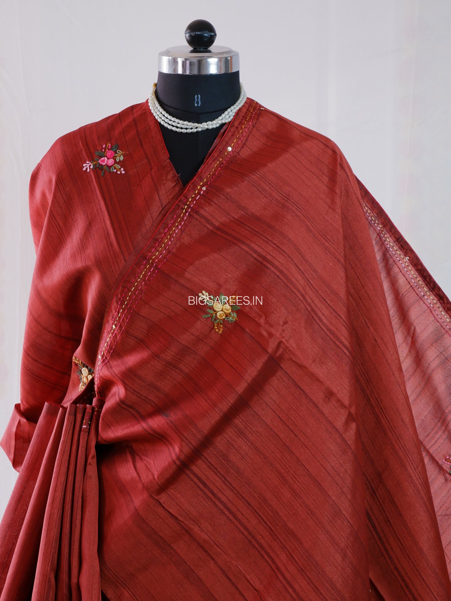 Bullion Knot Hand-Embroidered Saree | Semi Tassar | Brown Red