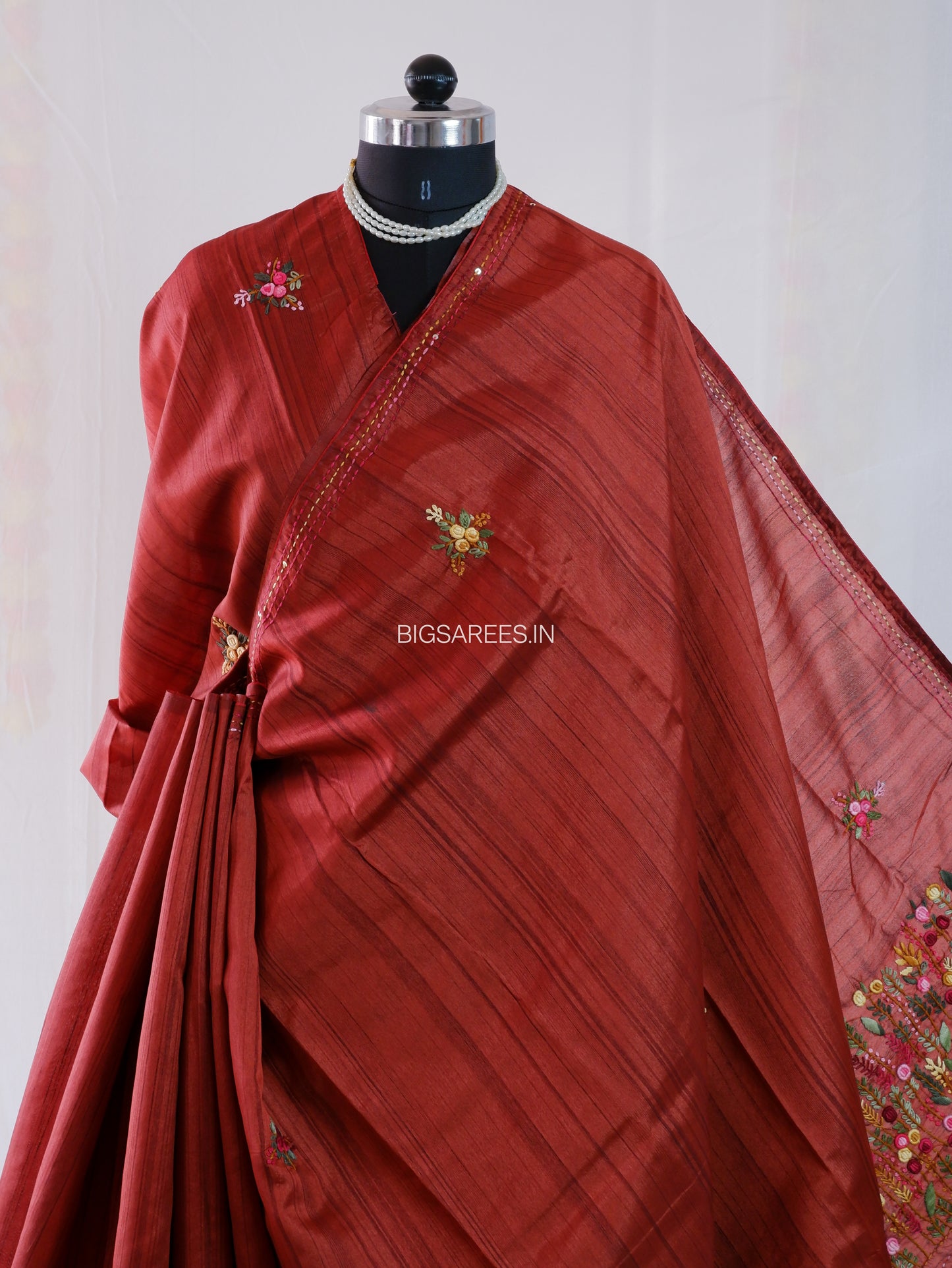 Bullion Knot Hand-Embroidered Saree | Semi Tassar | Brown Red