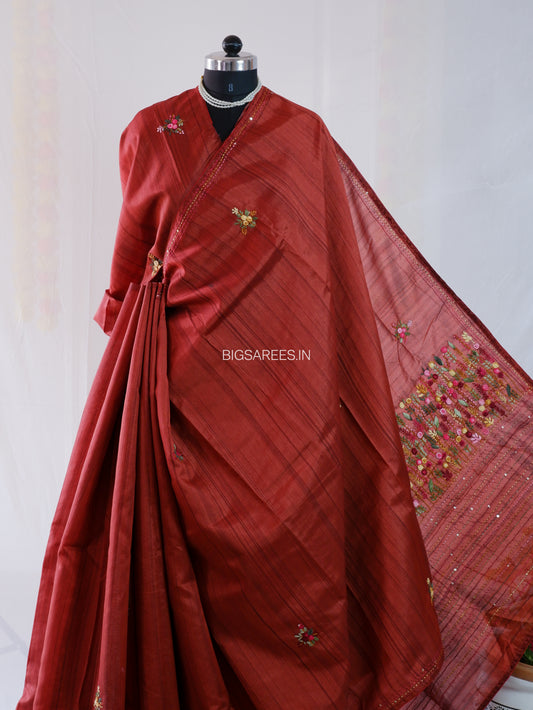 Bullion Knot Hand-Embroidered Saree | Semi Tassar | Brown Red