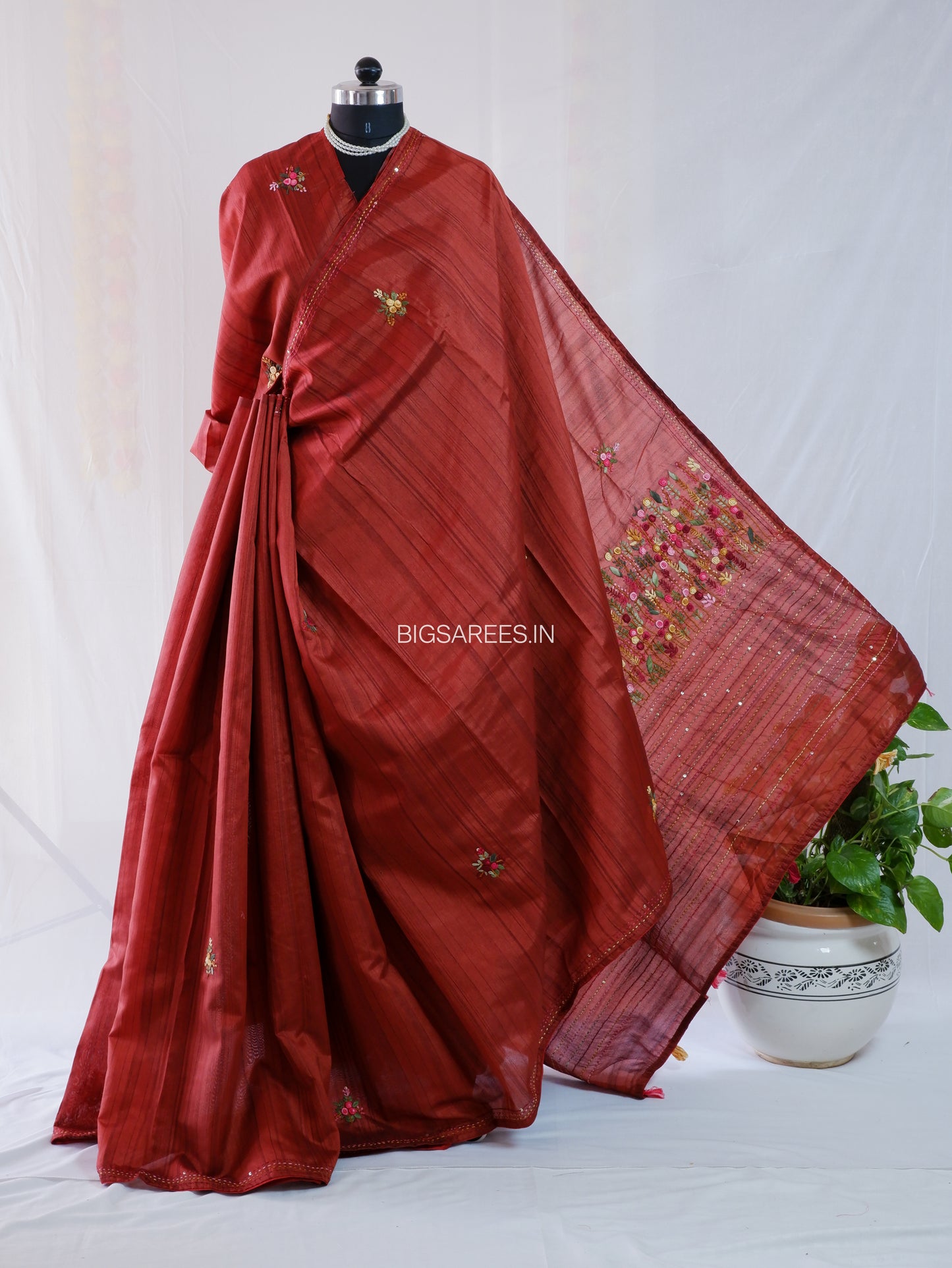 Bullion Knot Hand-Embroidered Saree | Semi Tassar | Brown Red
