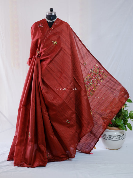Bullion Knot Hand-Embroidered Saree | Semi Tassar | Brown Red