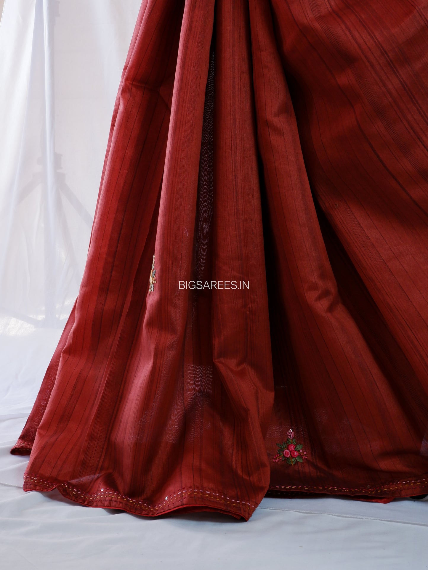 Bullion Knot Hand-Embroidered Saree | Semi Tassar | Brown Red