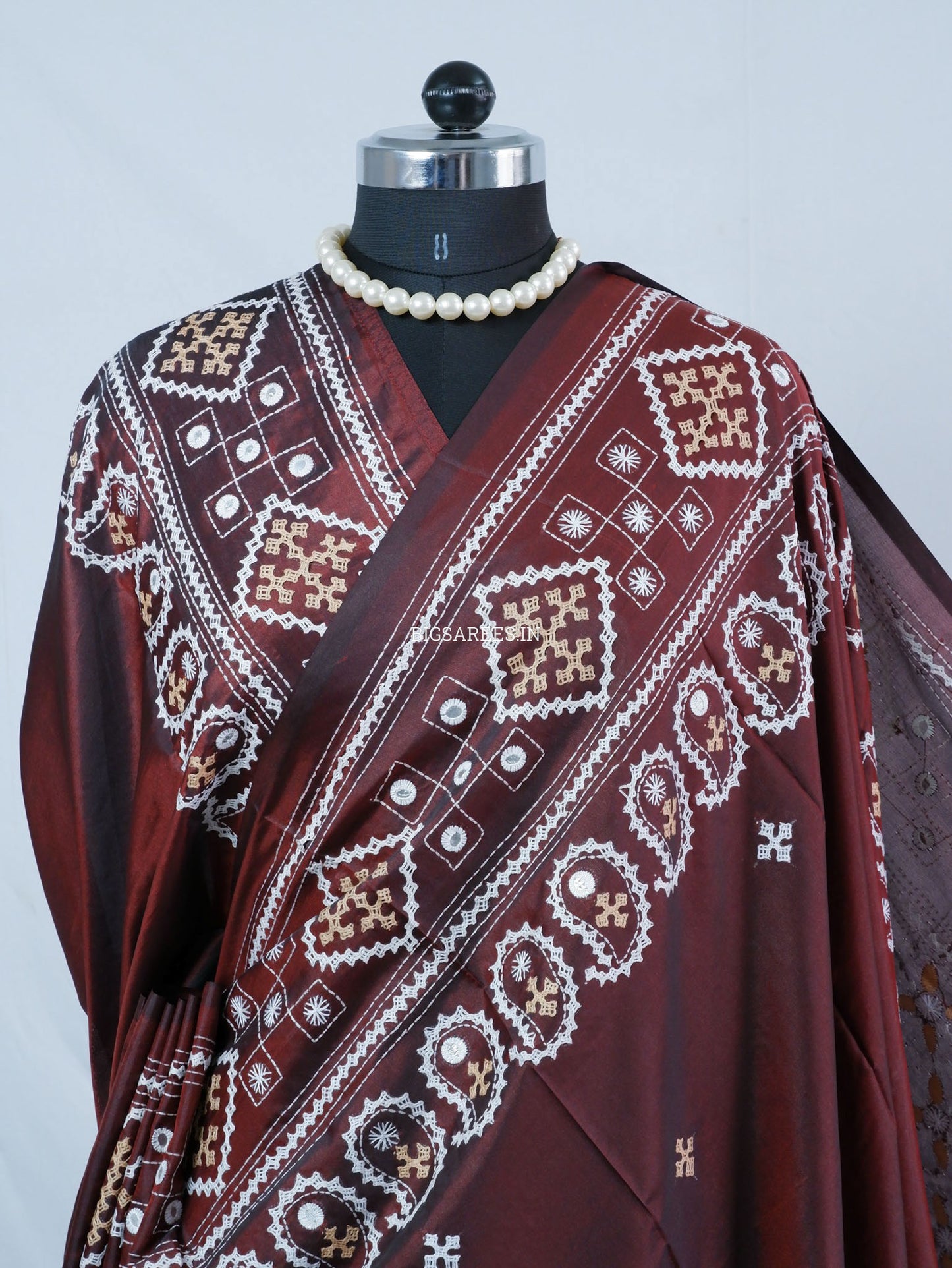 Kutchi/Gujarati Hand Embroidered Saree  | Blended Bangalore Silk / Art Silk | Maroon
