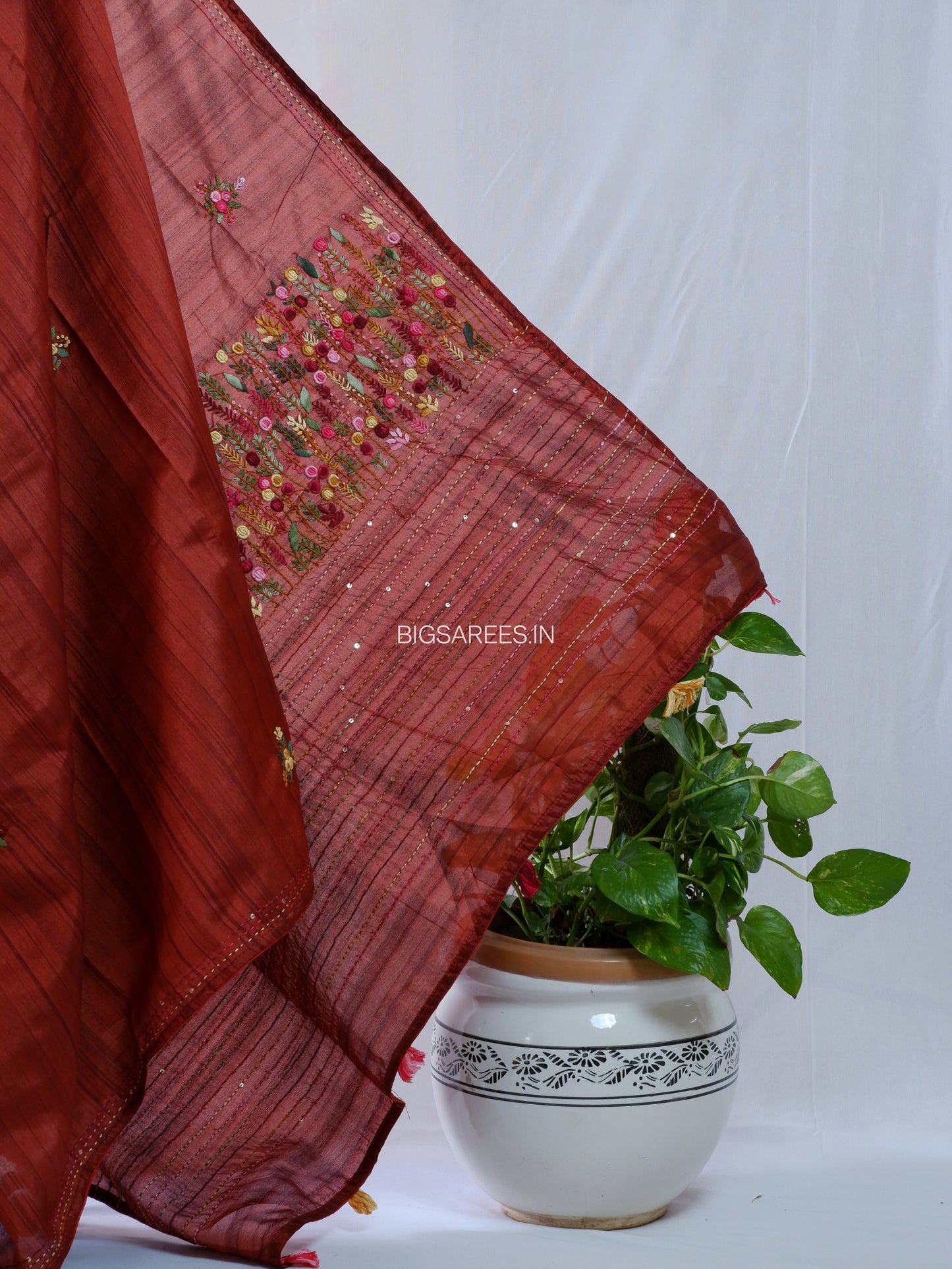 Bullion Knot Hand-Embroidered Saree | Semi Tassar | Brown Red
