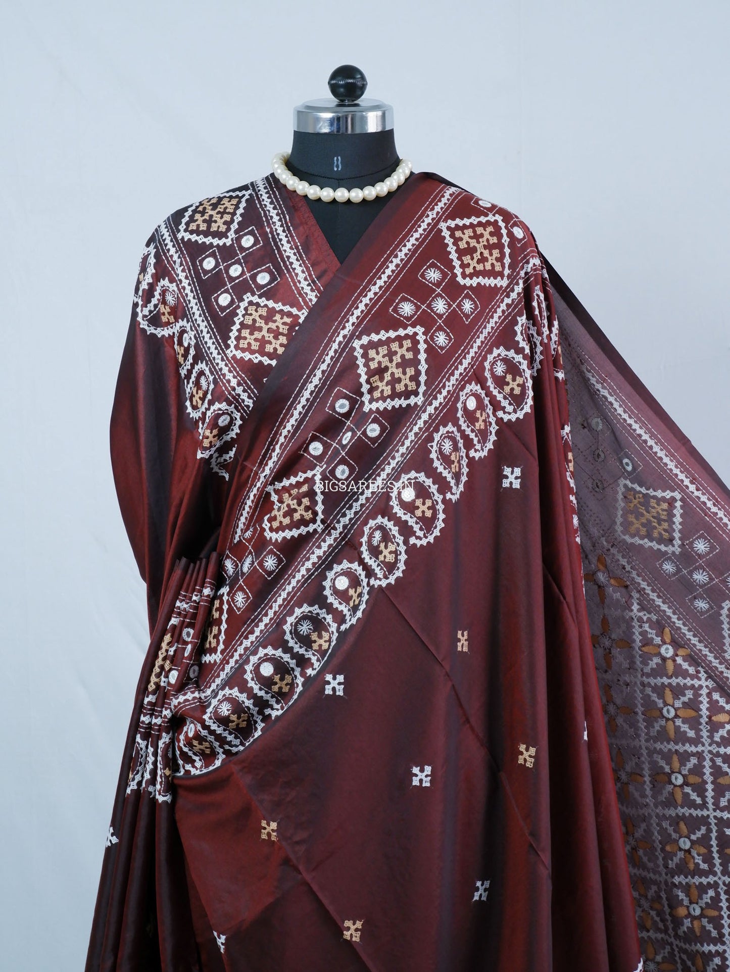 Kutchi/Gujarati Hand Embroidered Saree  | Blended Bangalore Silk / Art Silk | Maroon