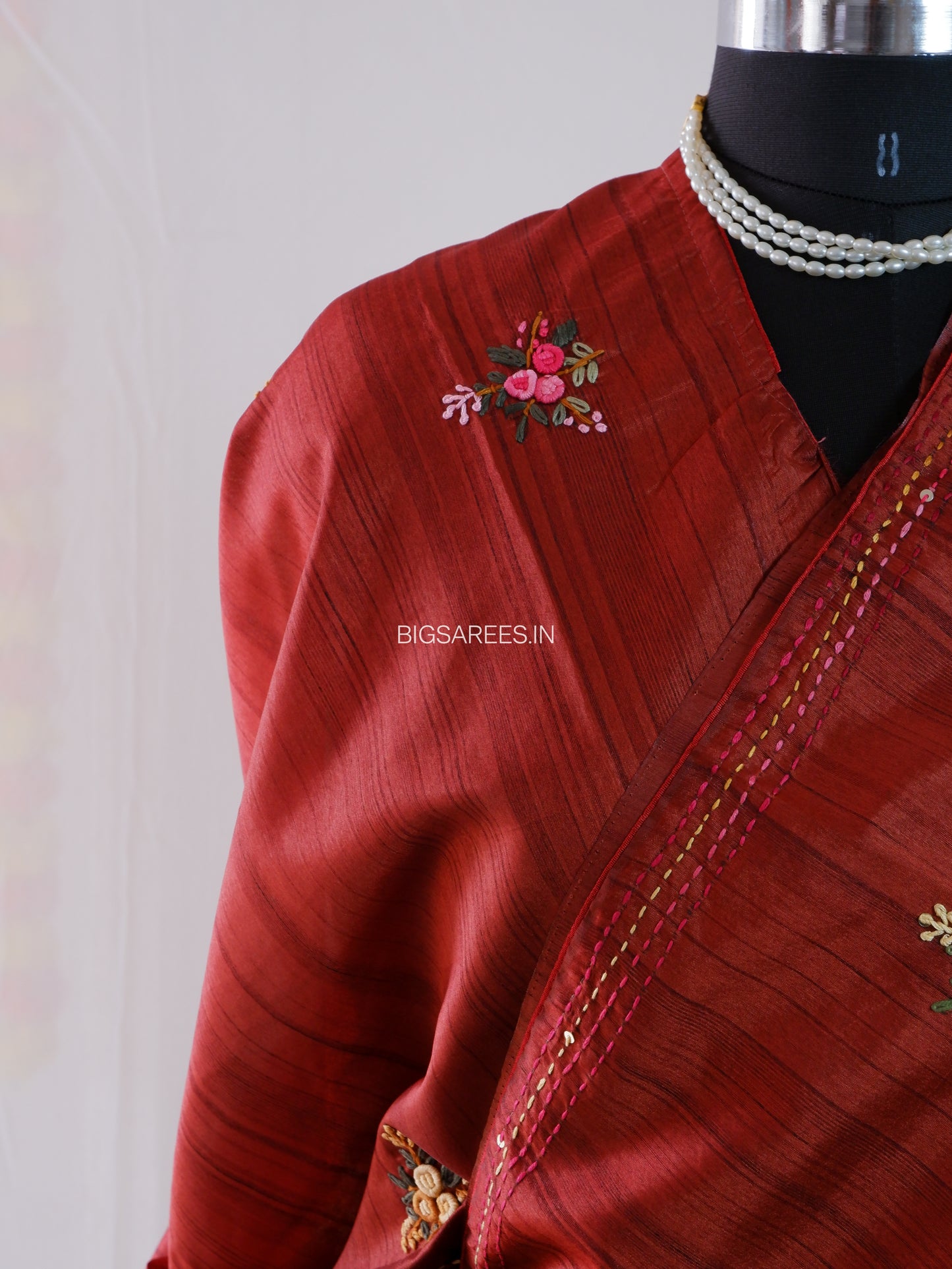 Bullion Knot Hand-Embroidered Saree | Semi Tassar | Brown Red