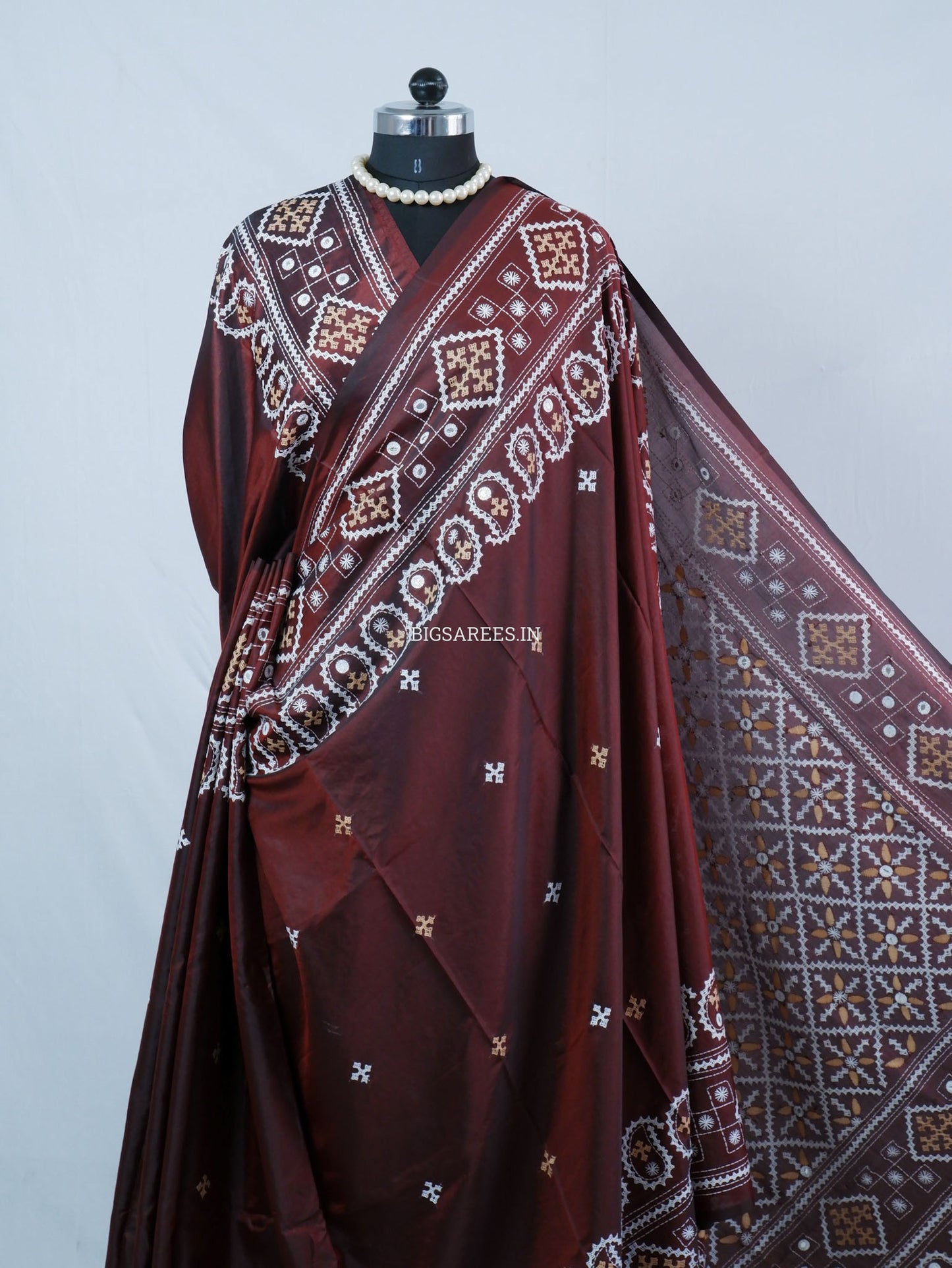 Kutchi/Gujarati Hand Embroidered Saree  | Blended Bangalore Silk / Art Silk | Maroon
