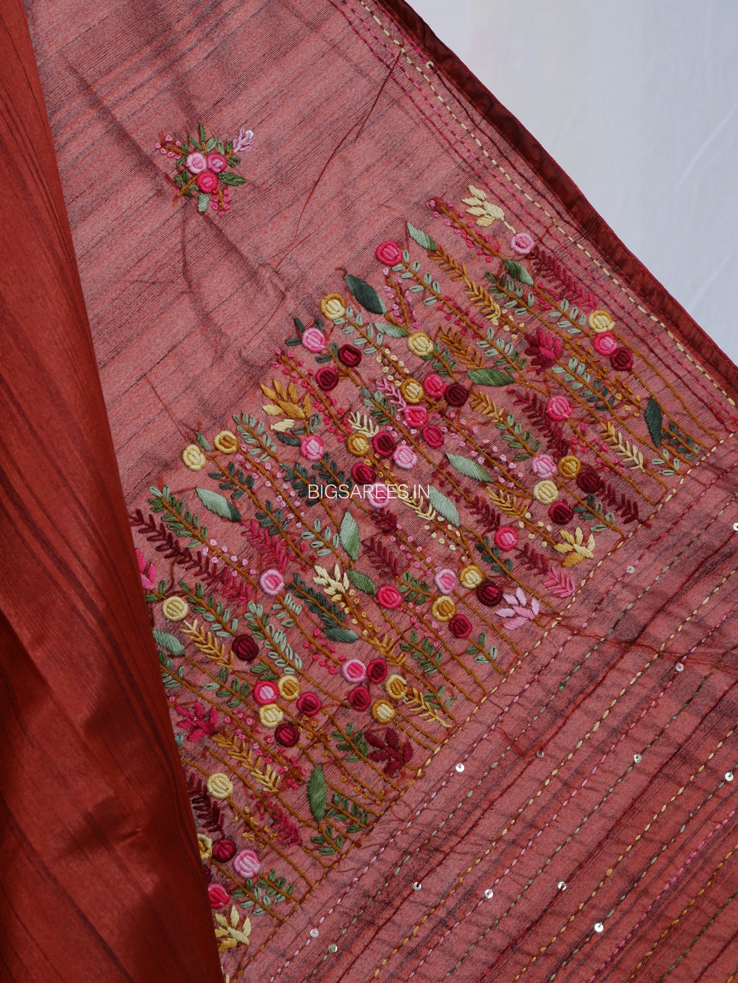 Bullion Knot Hand-Embroidered Saree | Semi Tassar | Brown Red