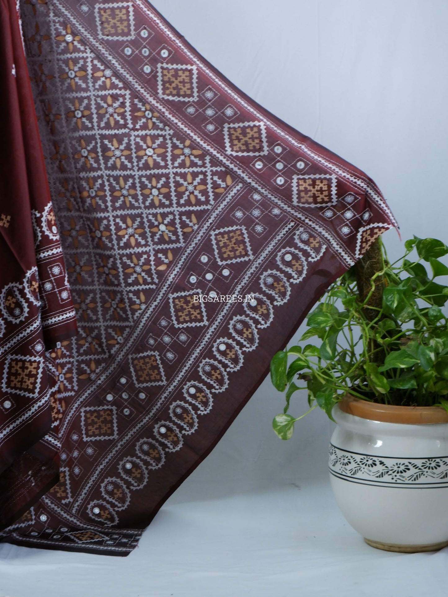 Kutchi/Gujarati Hand Embroidered Saree  | Blended Bangalore Silk / Art Silk | Maroon