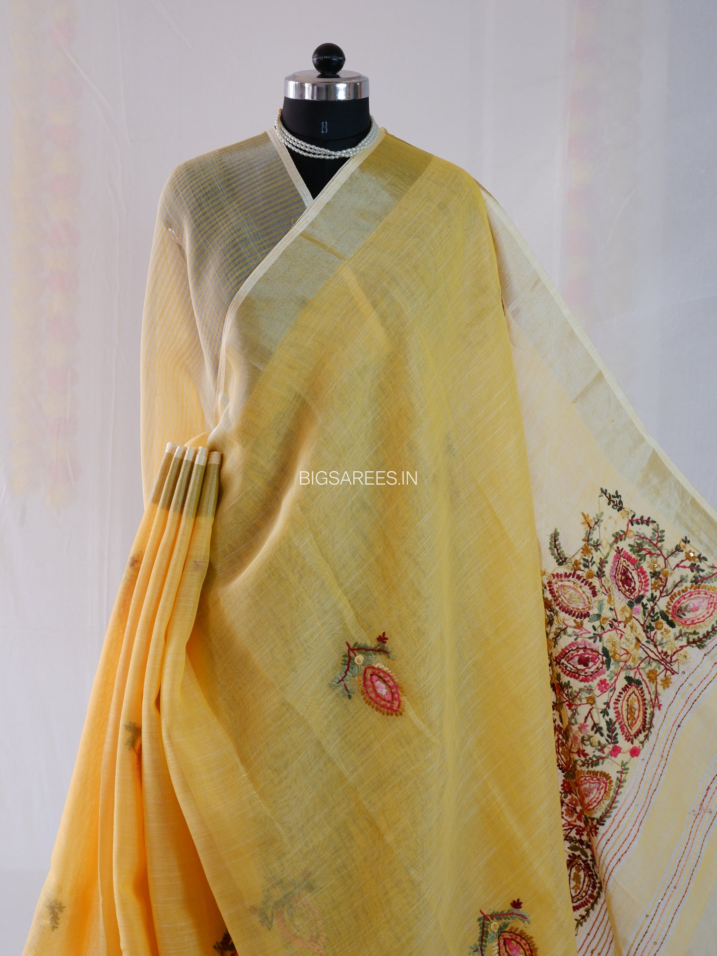 Bullion Knot Hand-Embroidered Saree | Cotton Linen | Yellow