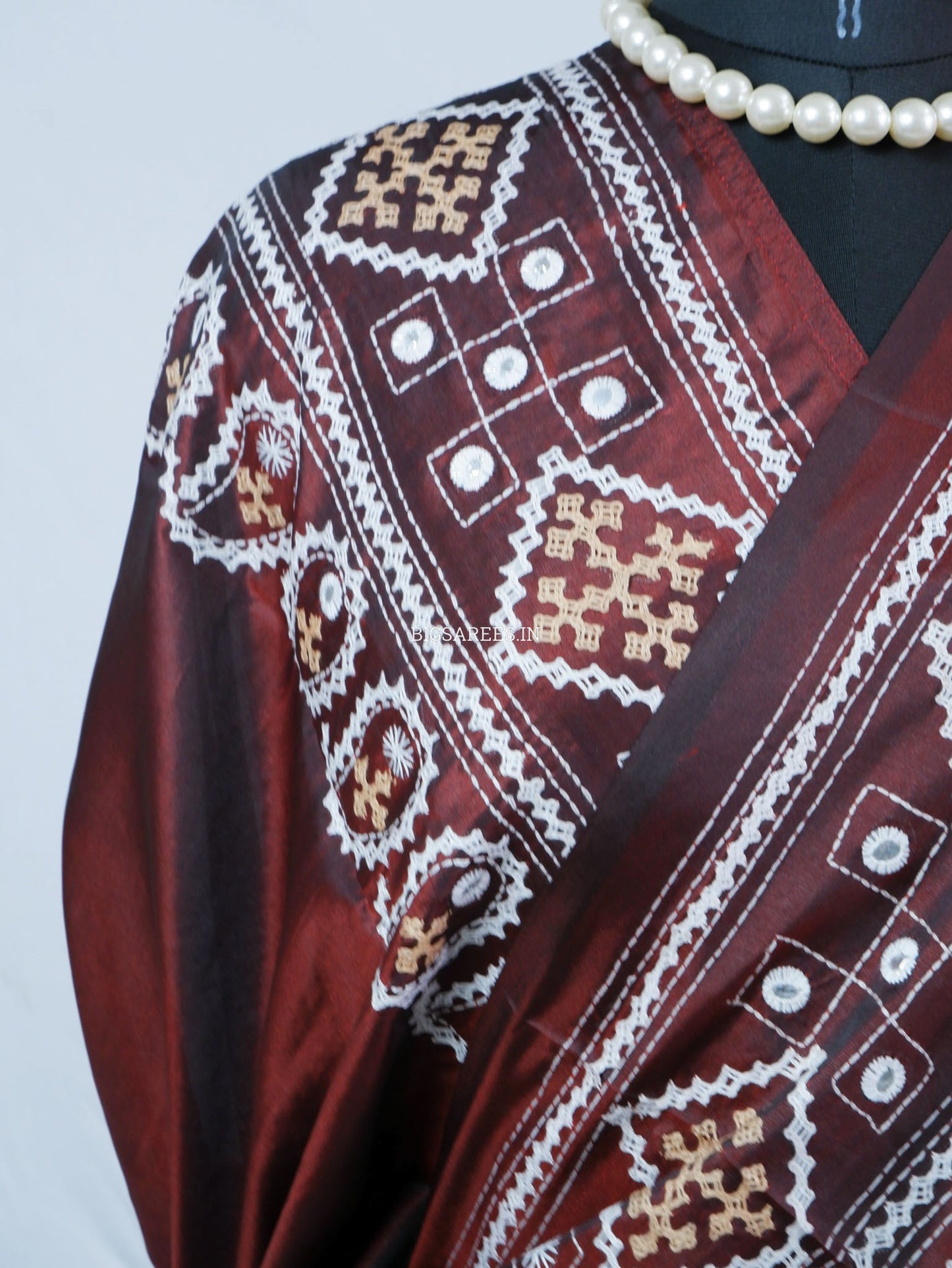 Kutchi/Gujarati Hand Embroidered Saree  | Blended Bangalore Silk / Art Silk | Maroon