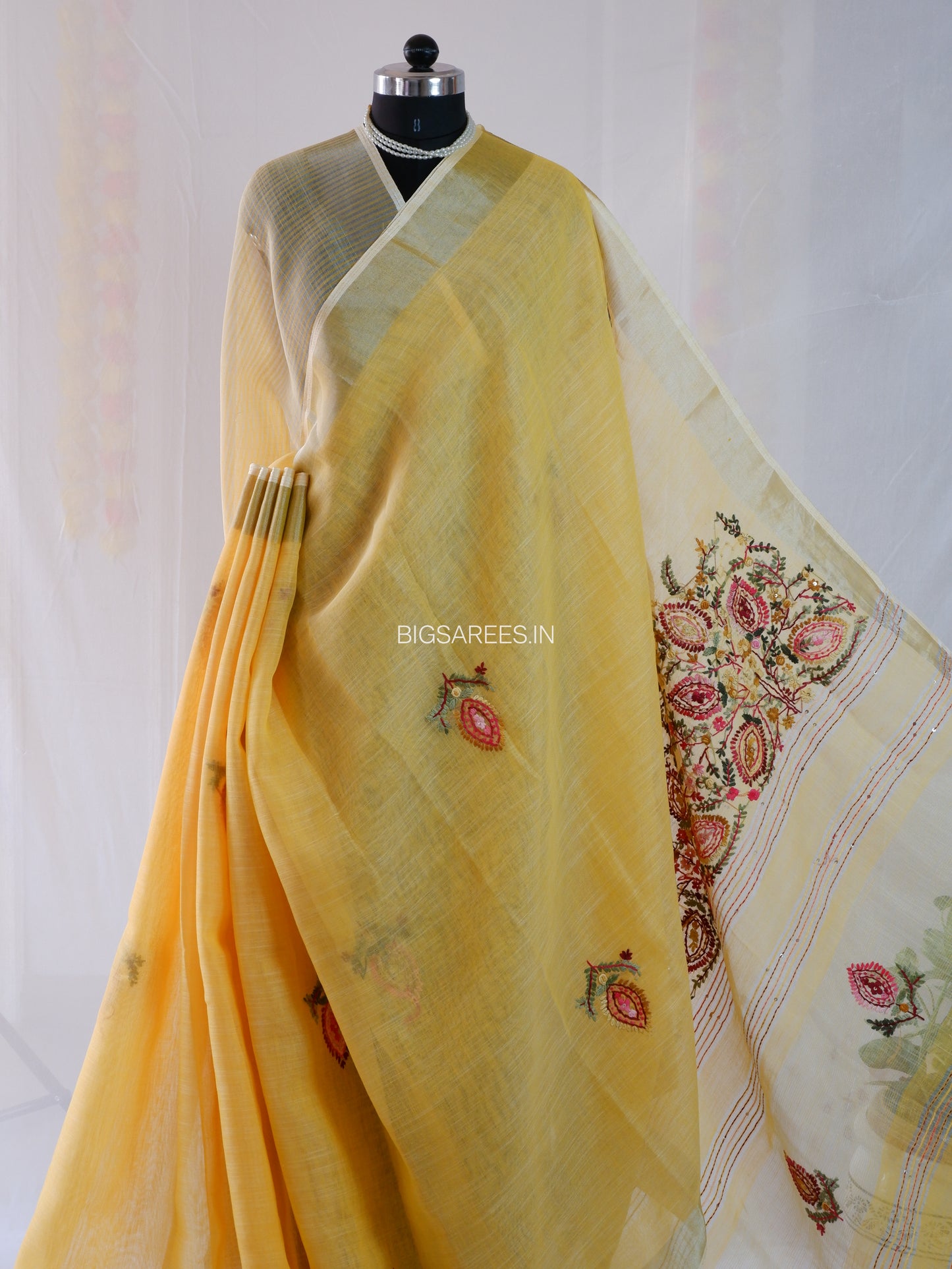 Bullion Knot Hand-Embroidered Saree | Cotton Linen | Yellow